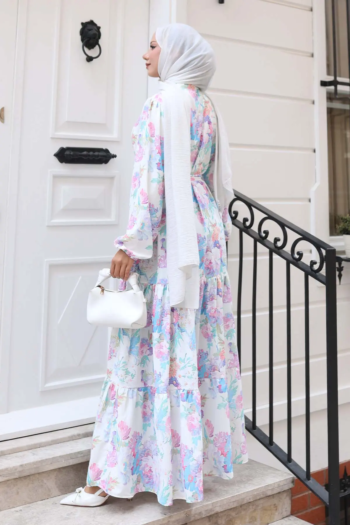 Desenli Tesettür Elbise Lila 521-detail