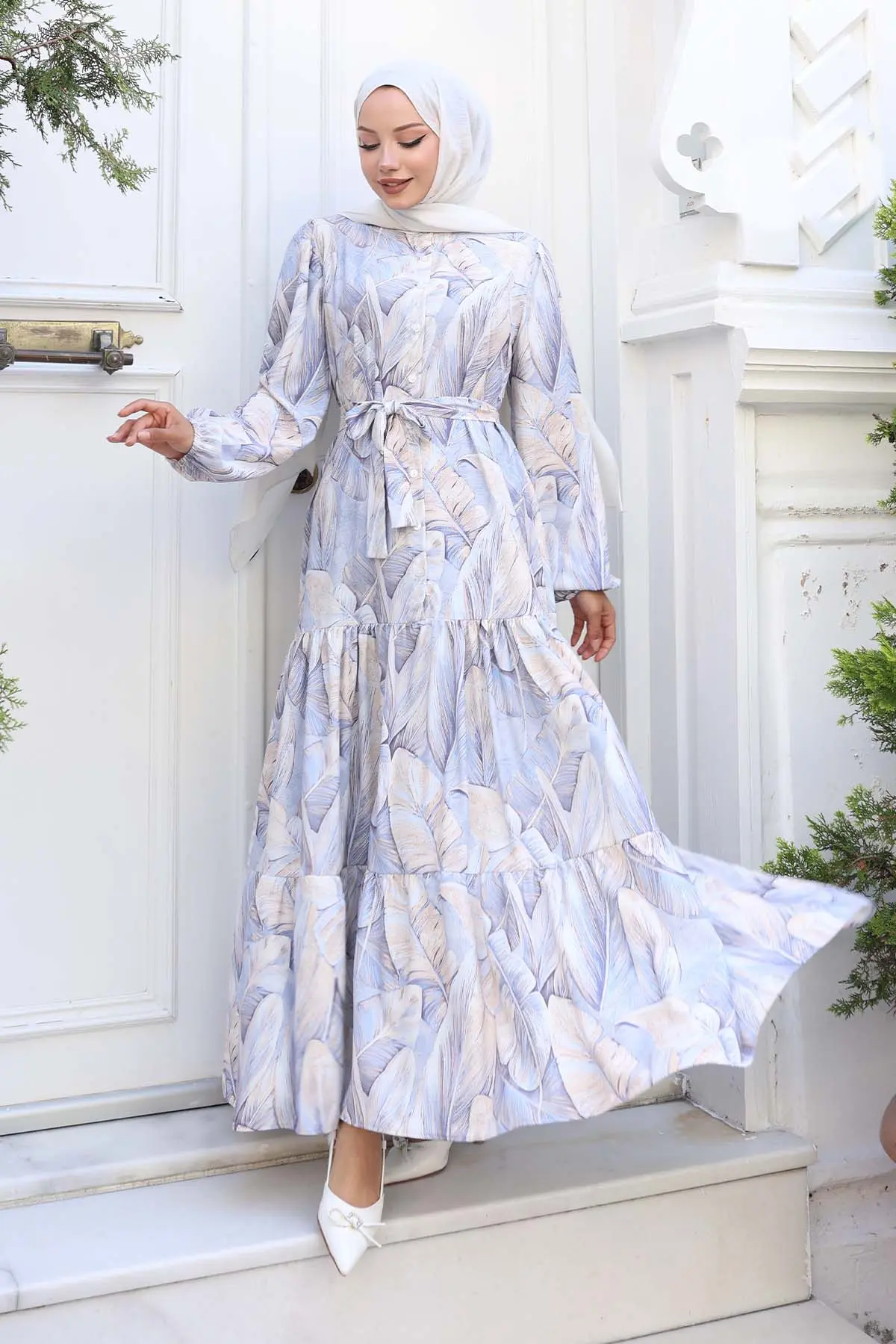 Desenli Tesettür Elbise Lila 541-detail