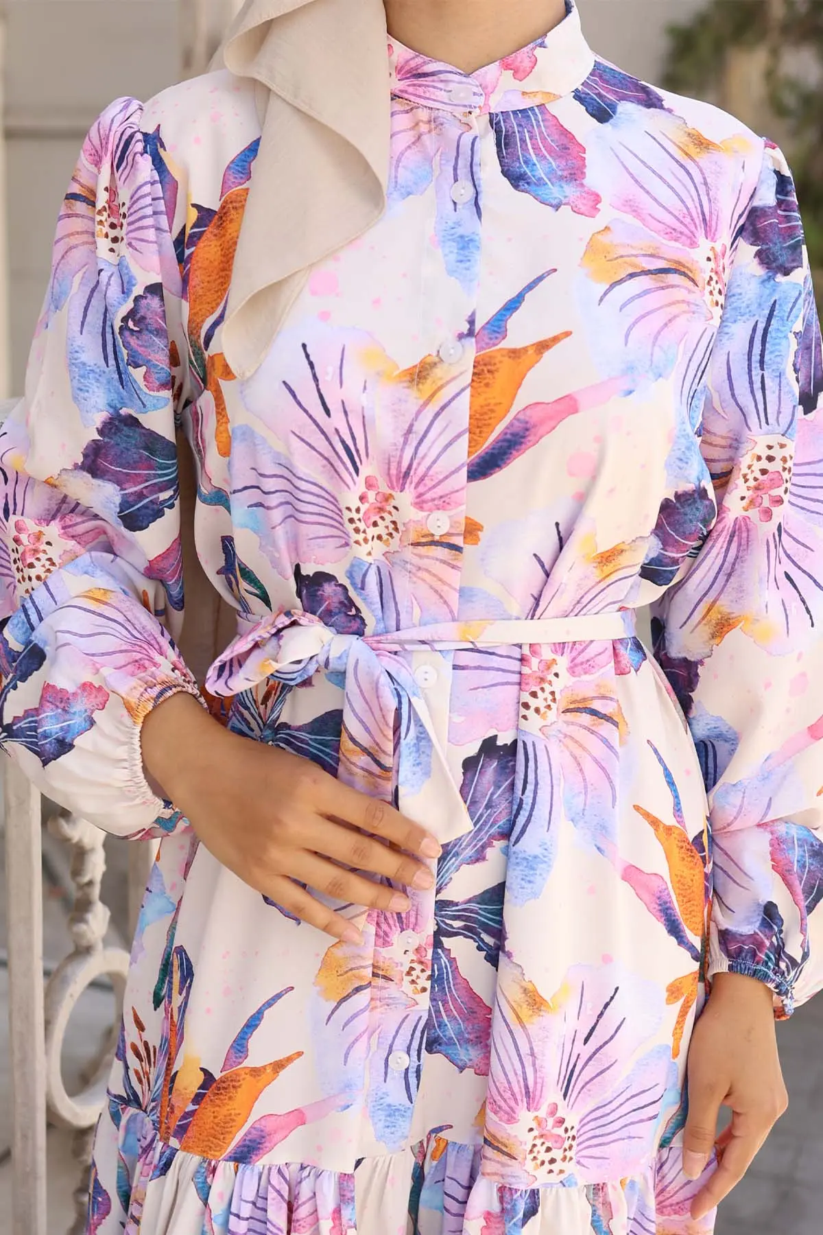 Desenli Tesettür Elbise Lila 572-detail