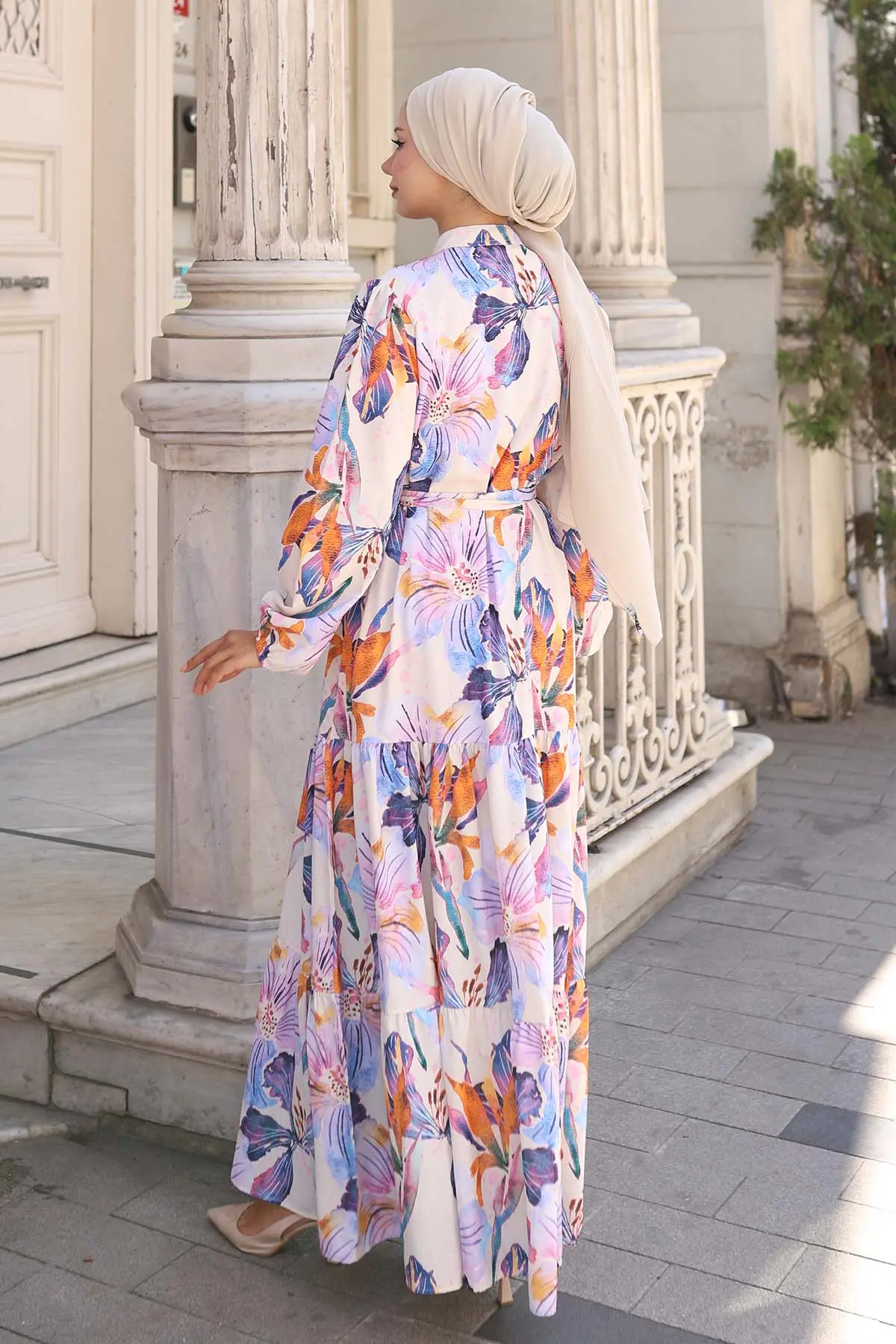 Desenli Tesettür Elbise Lila 572-detail