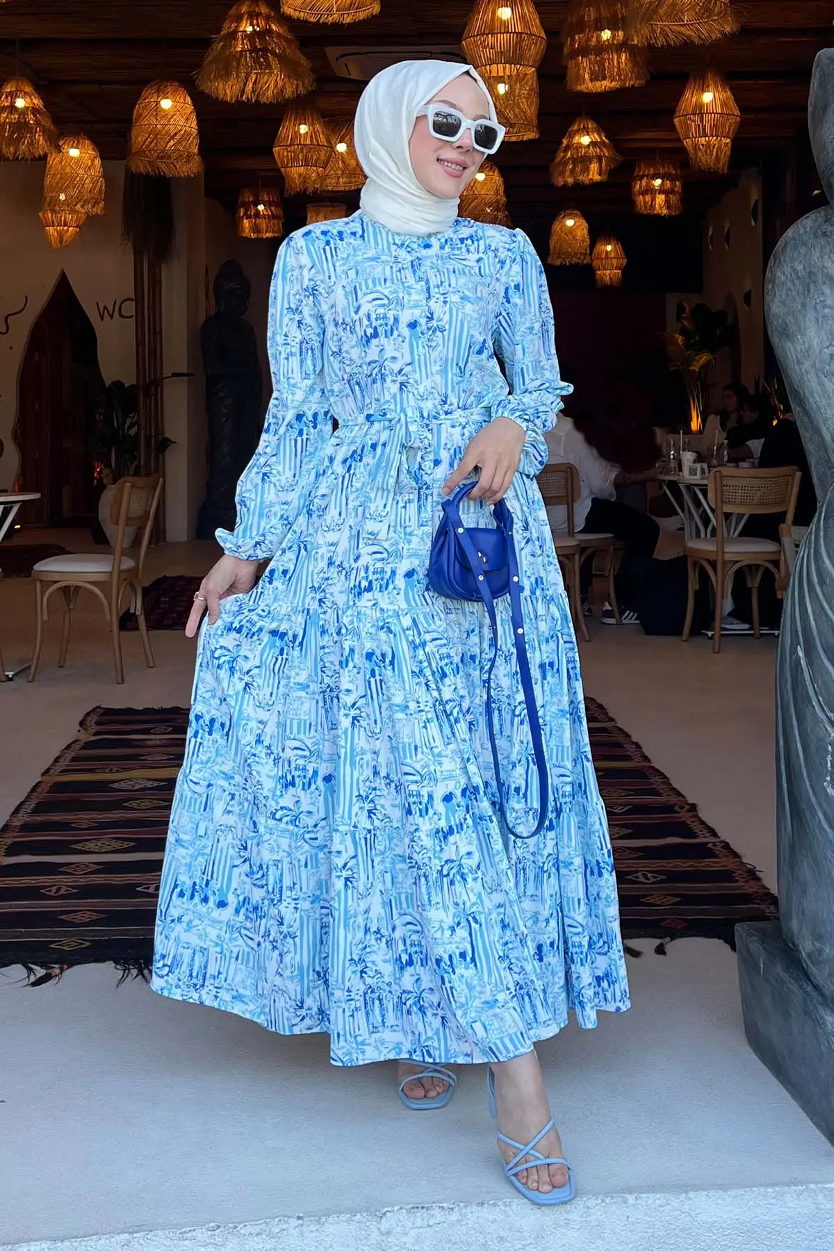 Desenli Tesettür Elbise Mavi 501-detail