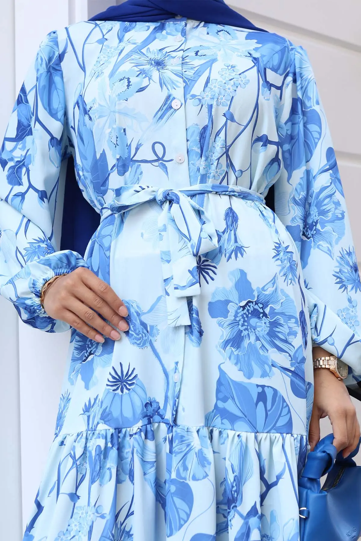 Desenli Tesettür Elbise Mavi 514-detail