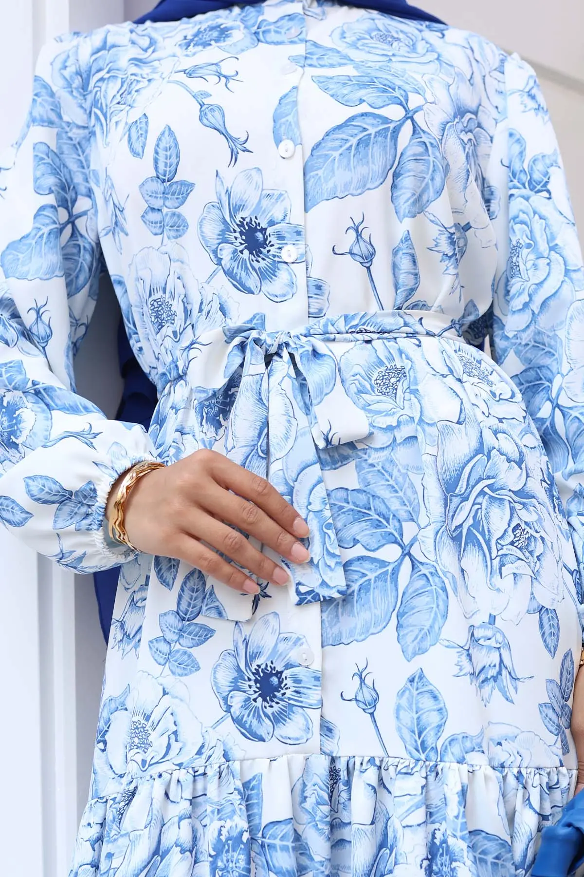 Desenli Tesettür Elbise Mavi 536-detail