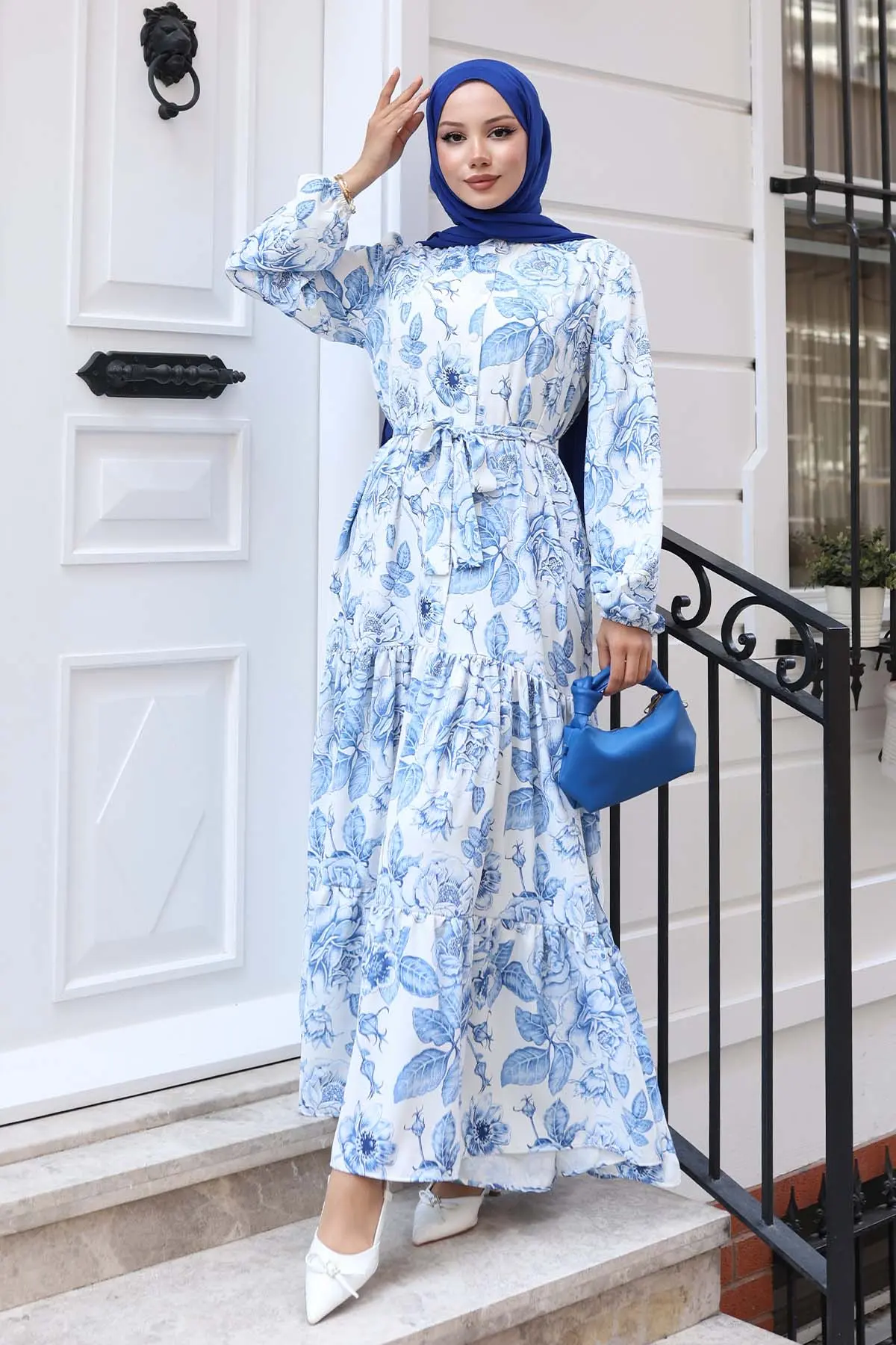 Desenli Tesettür Elbise Mavi 536-detail