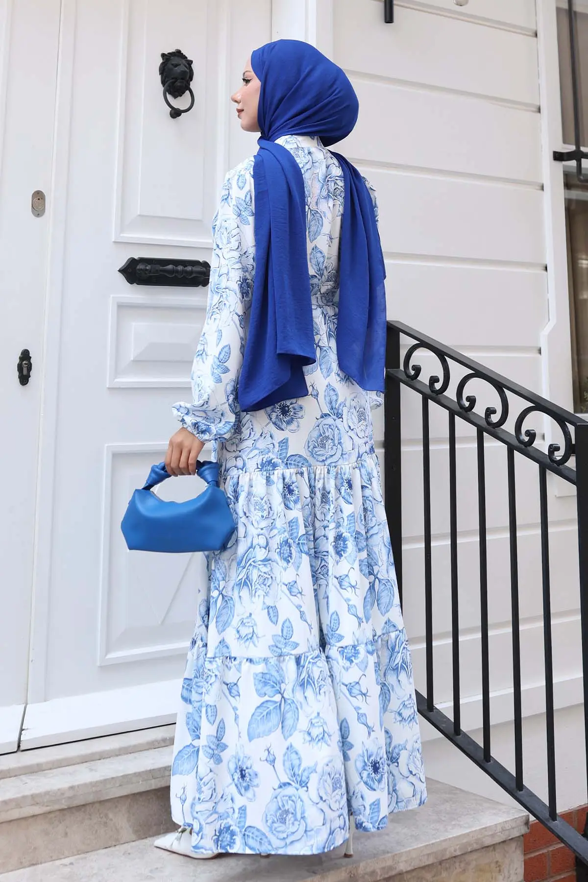 Desenli Tesettür Elbise Mavi 536-detail