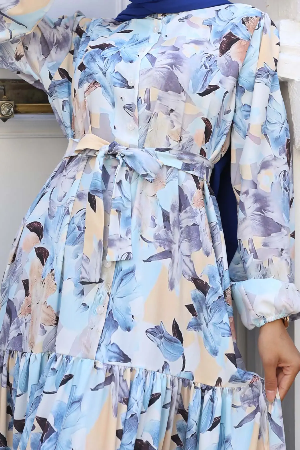 Desenli Tesettür Elbise Mavi 544-detail