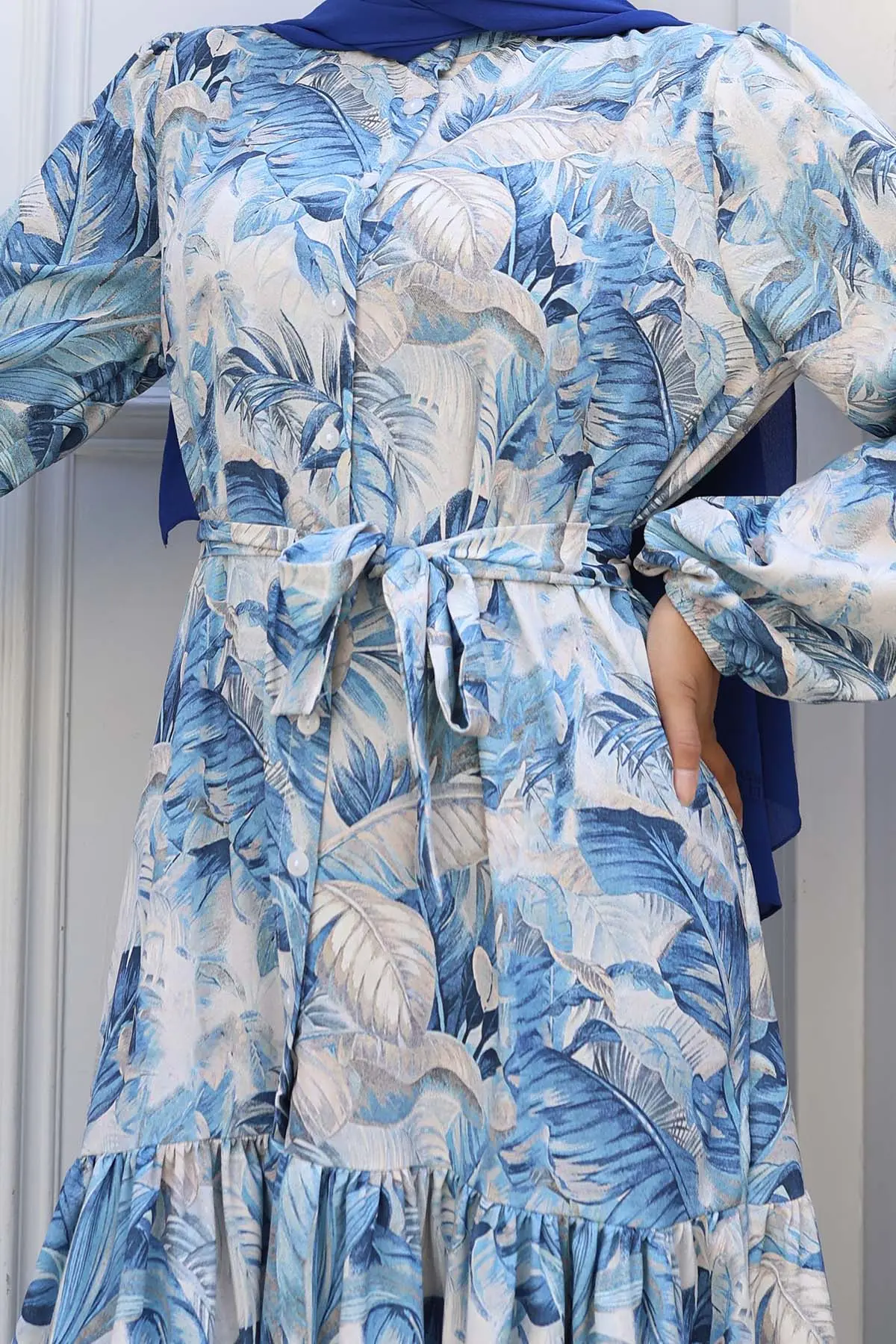 Desenli Tesettür Elbise Mavi 546-detail