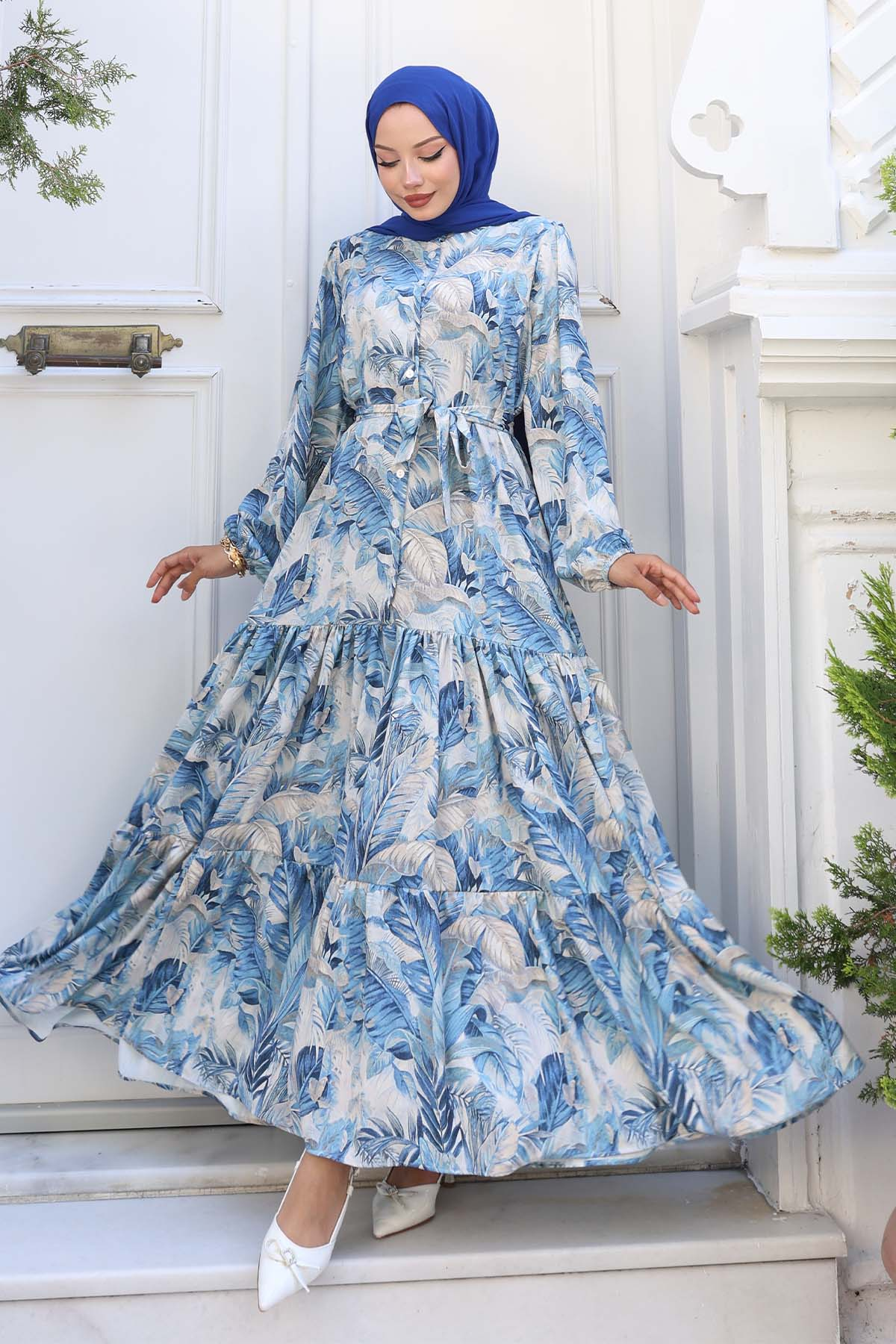 Desenli Tesettür Elbise Mavi 546