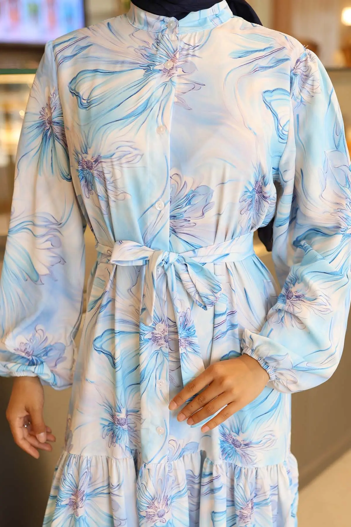 Desenli Tesettür Elbise Mavi 560-detail