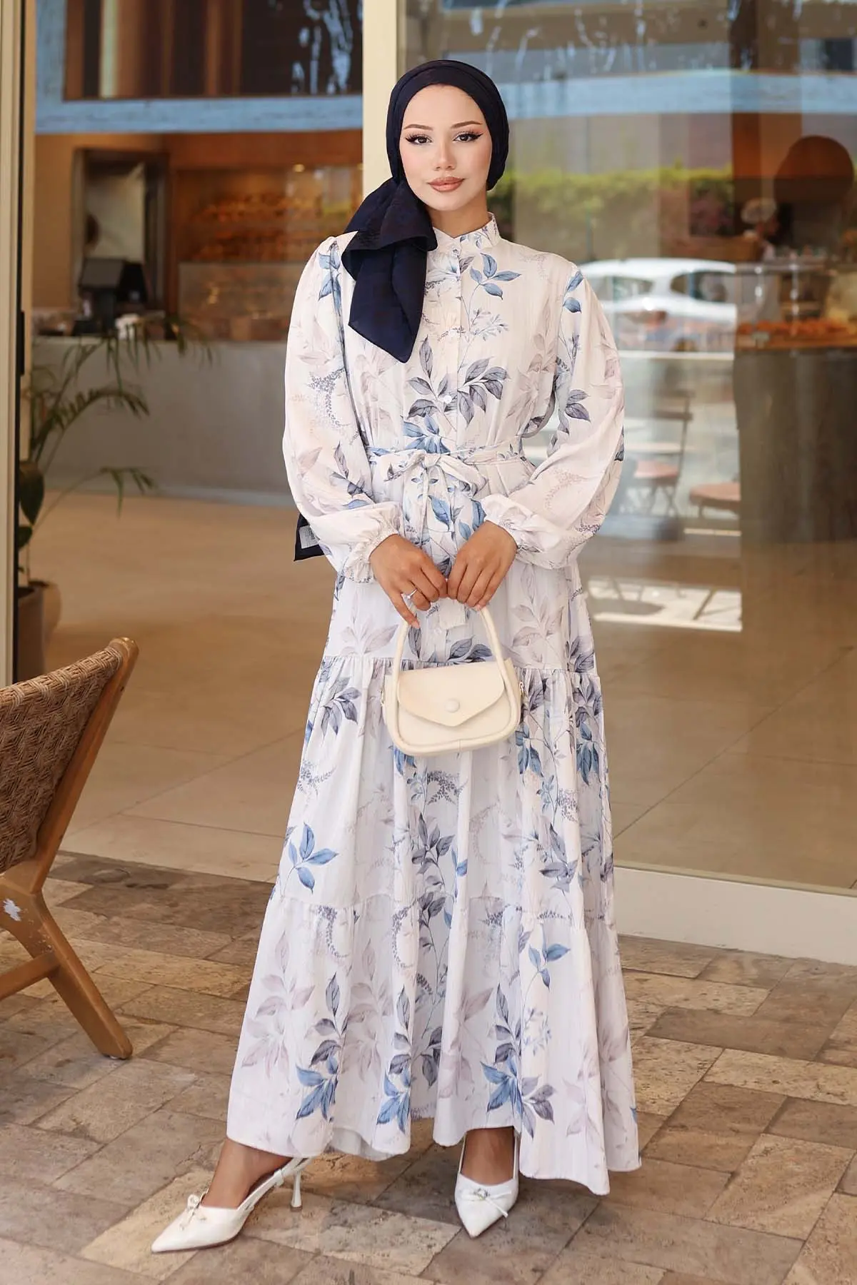 Desenli Tesettür Elbise Mavi 562-detail