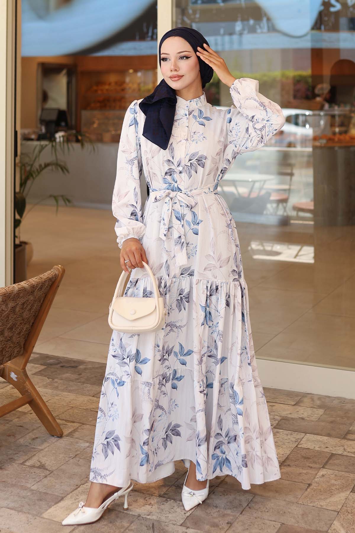 Desenli Tesettür Elbise Mavi 562