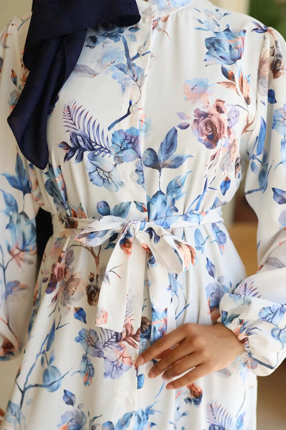 Desenli Tesettür Elbise Mavi 563-detail