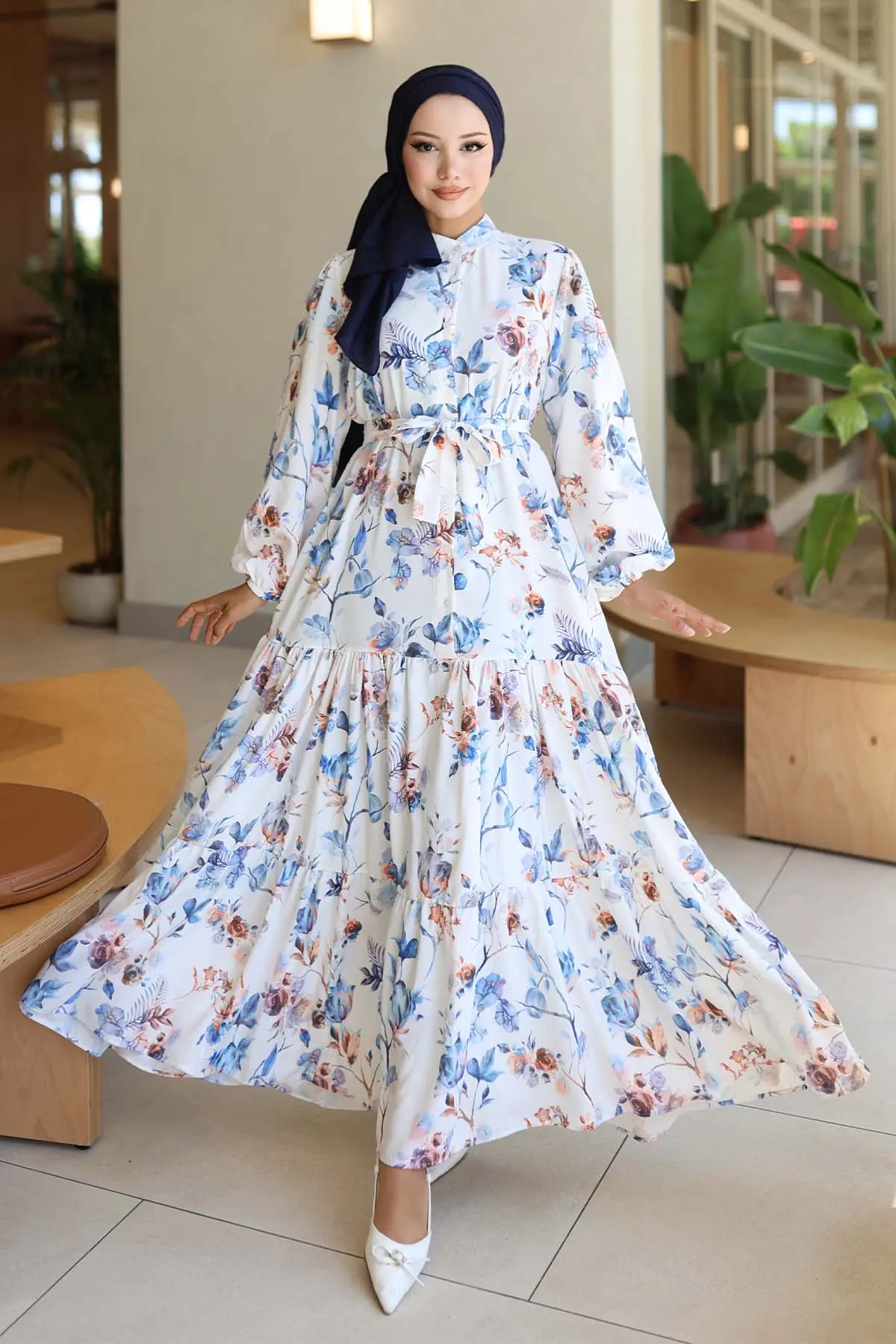 Desenli Tesettür Elbise Mavi 563-detail