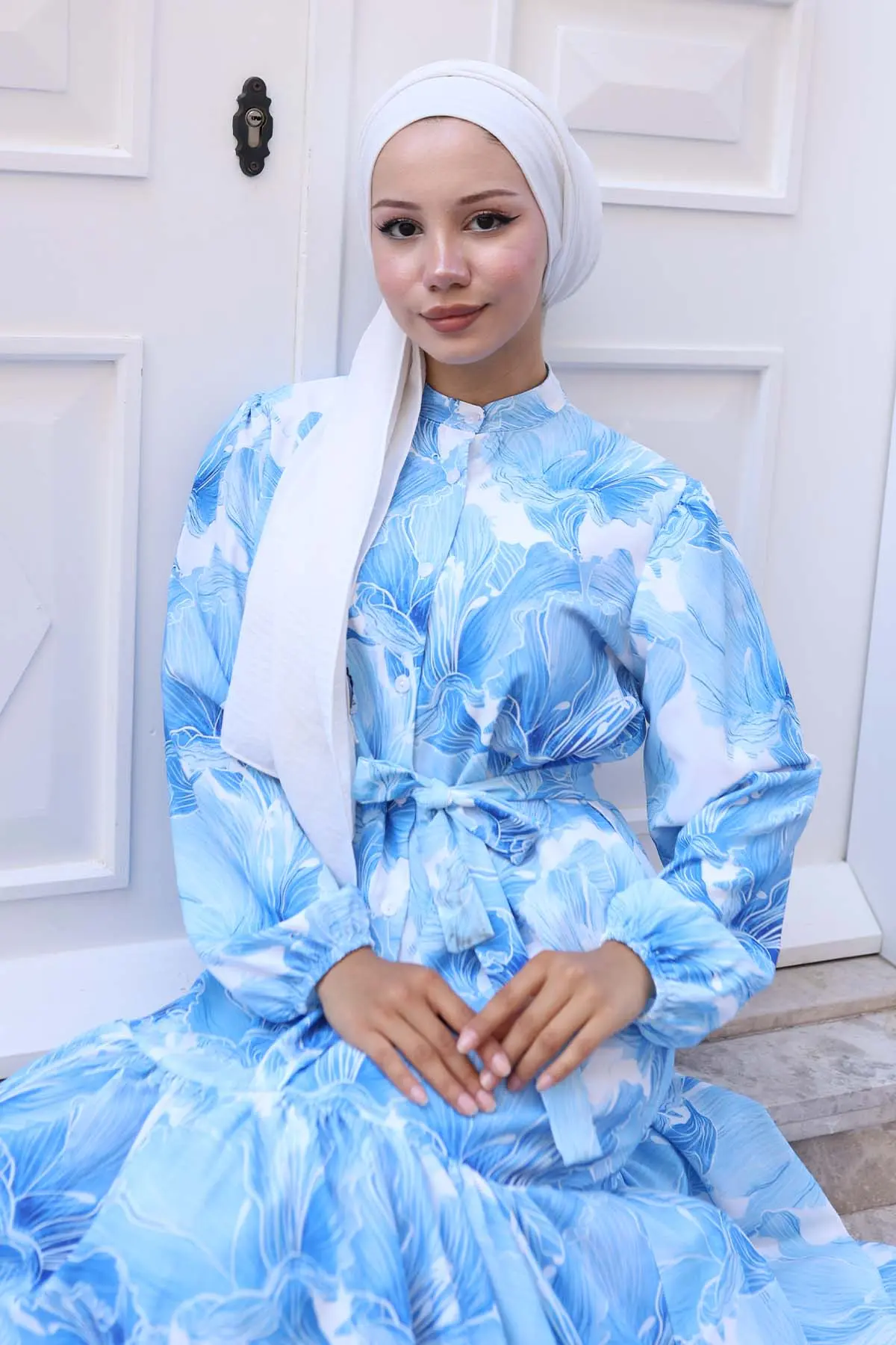 Desenli Tesettür Elbise Mavi 570-detail