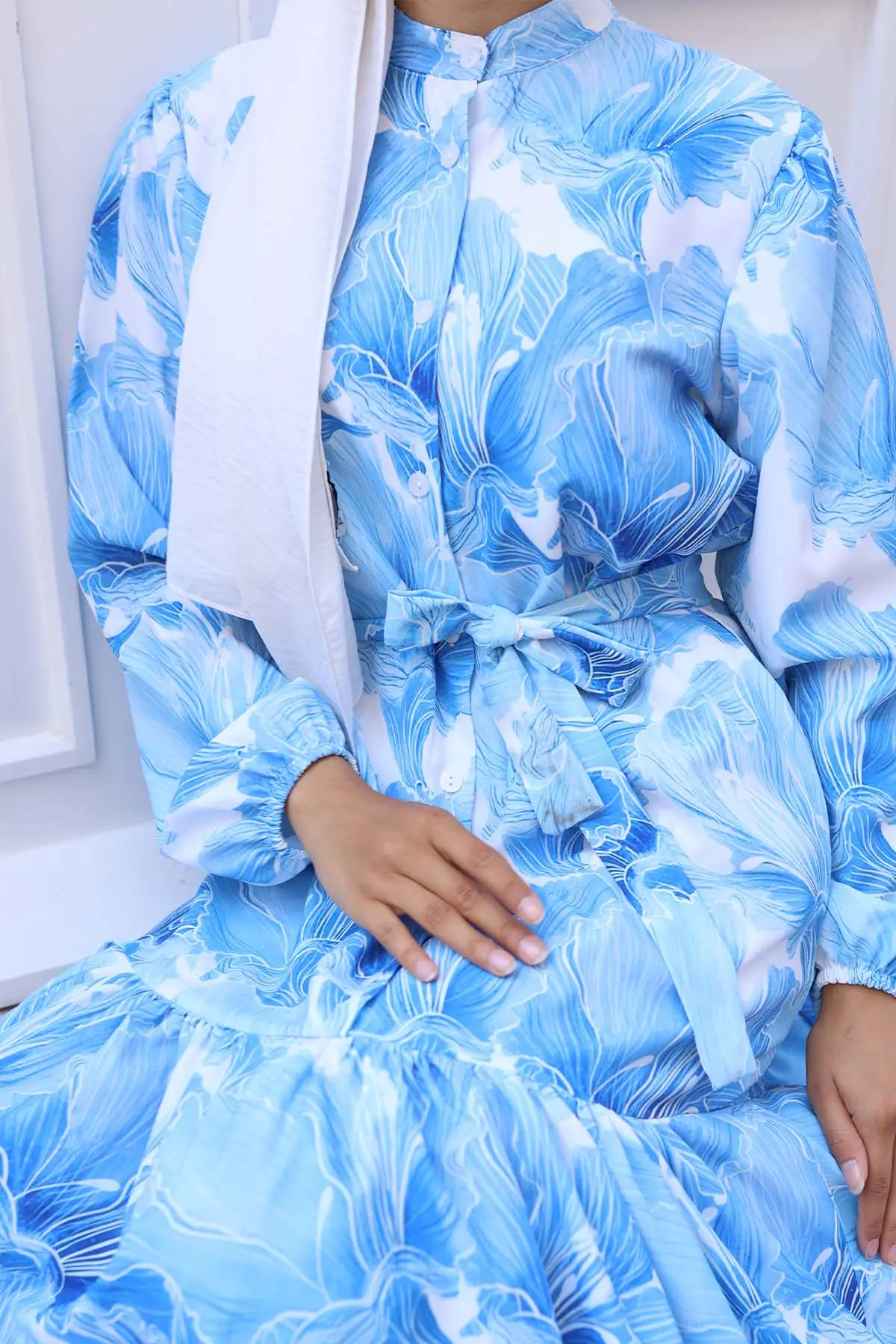 Desenli Tesettür Elbise Mavi 570-detail