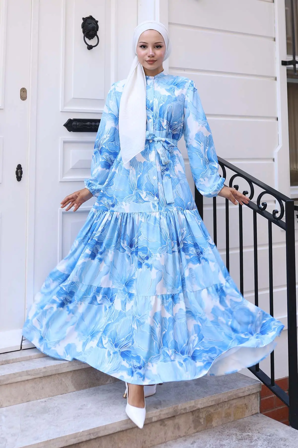 Desenli Tesettür Elbise Mavi 570-detail