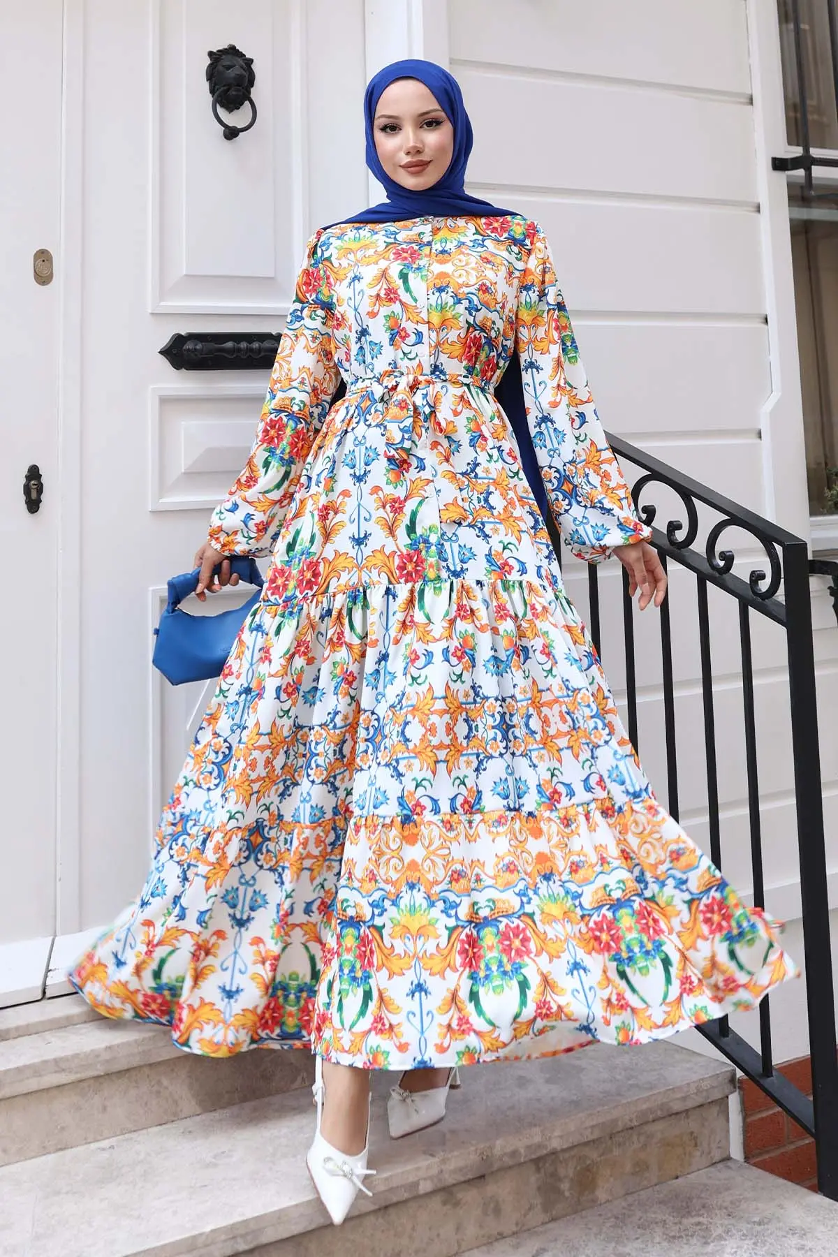 Desenli Tesettür Elbise Oranj 519-detail