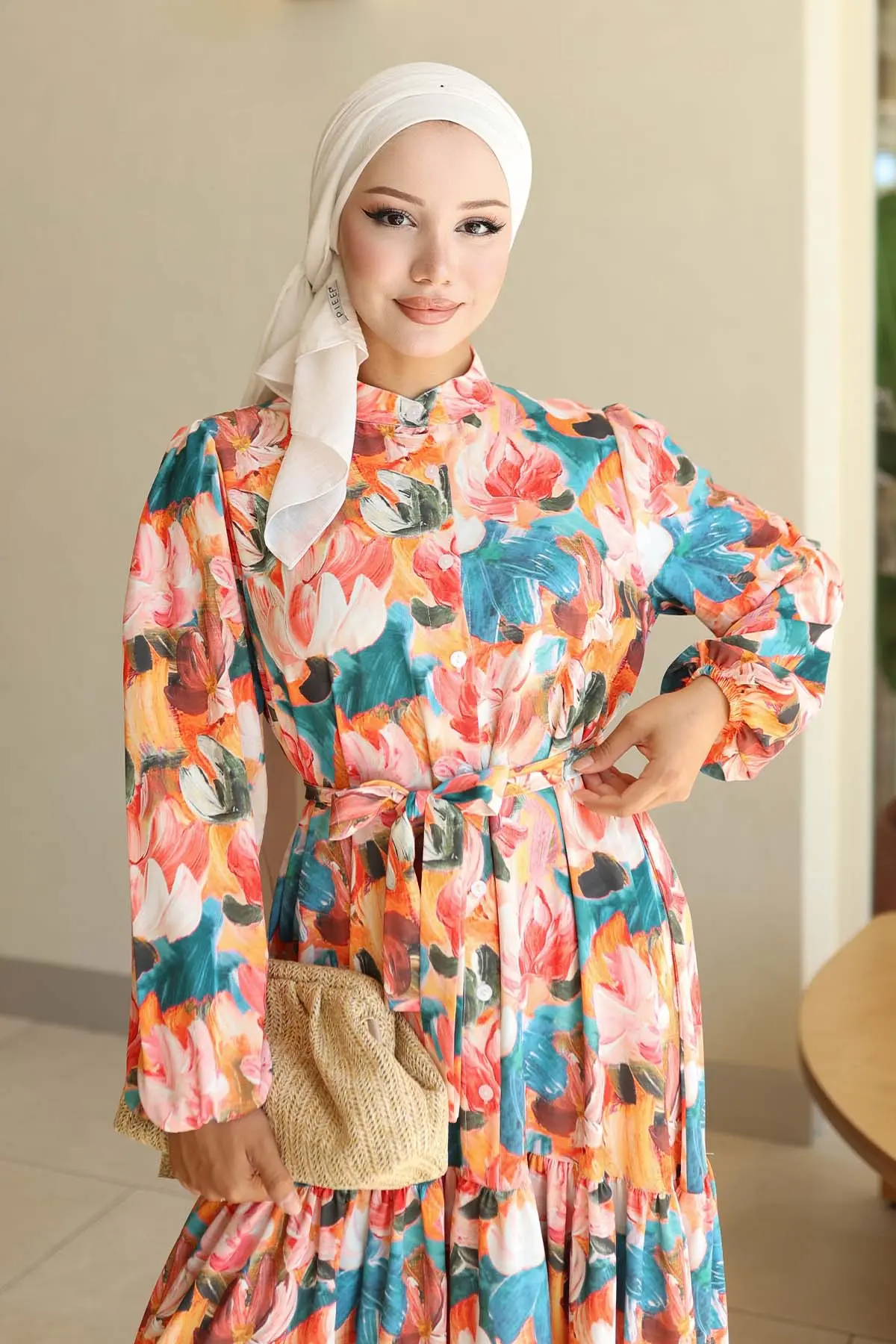 Desenli Tesettür Elbise Oranj 564-detail