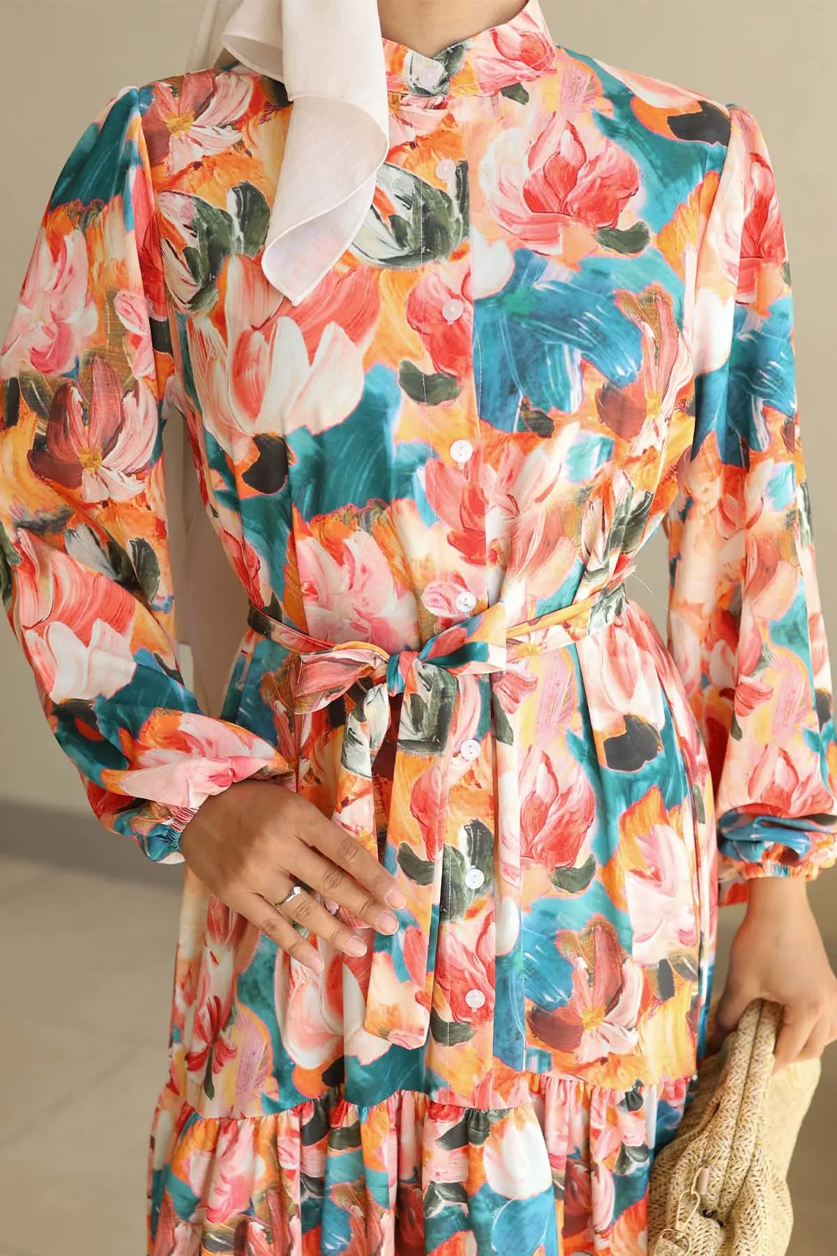 Desenli Tesettür Elbise Oranj 564-detail