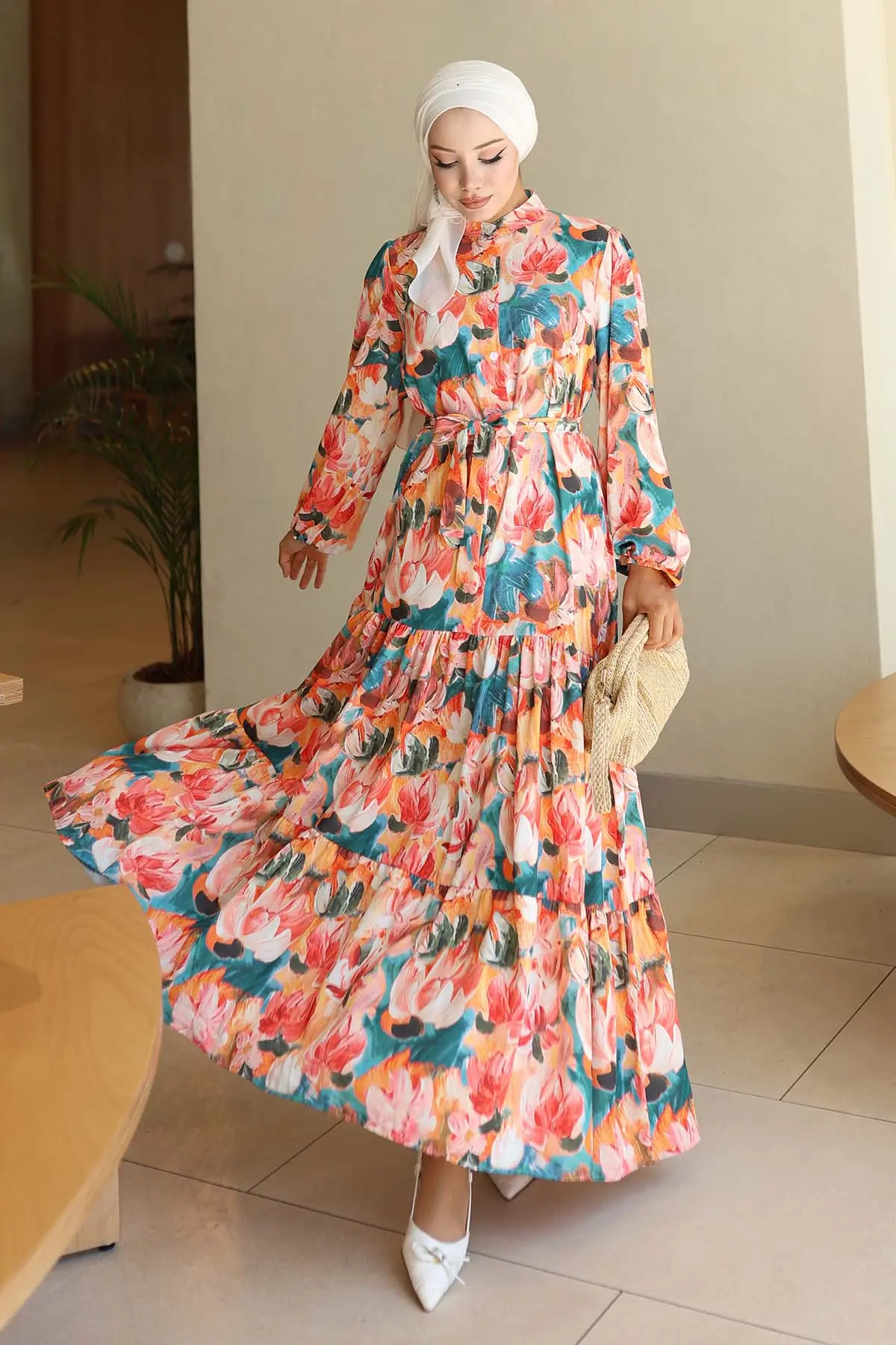 Desenli Tesettür Elbise Oranj 564-detail