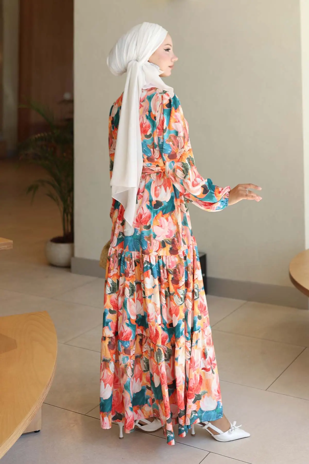 Desenli Tesettür Elbise Oranj 564-detail