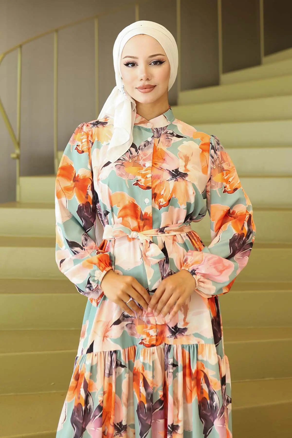 Desenli Tesettür Elbise Oranj 565-detail