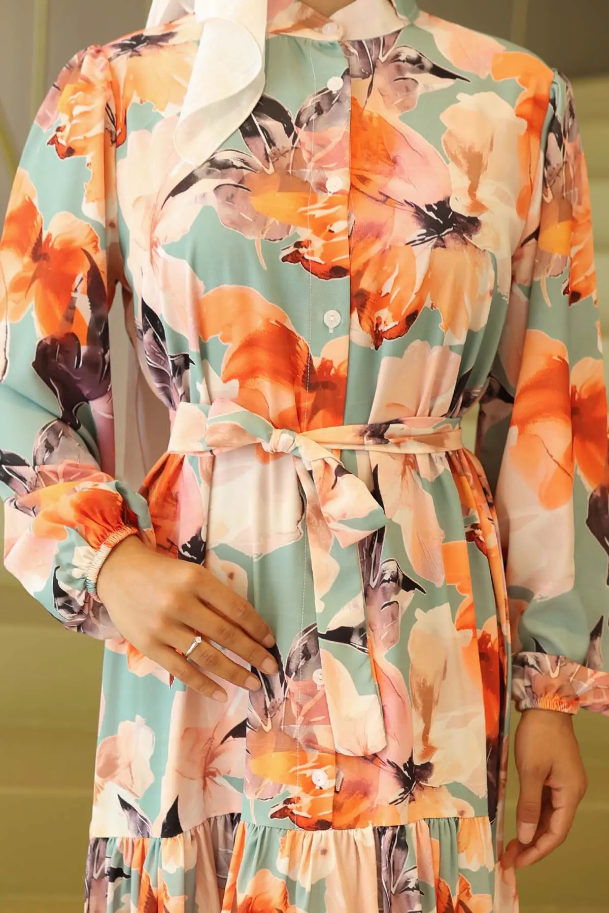 Desenli Tesettür Elbise Oranj 565-detail