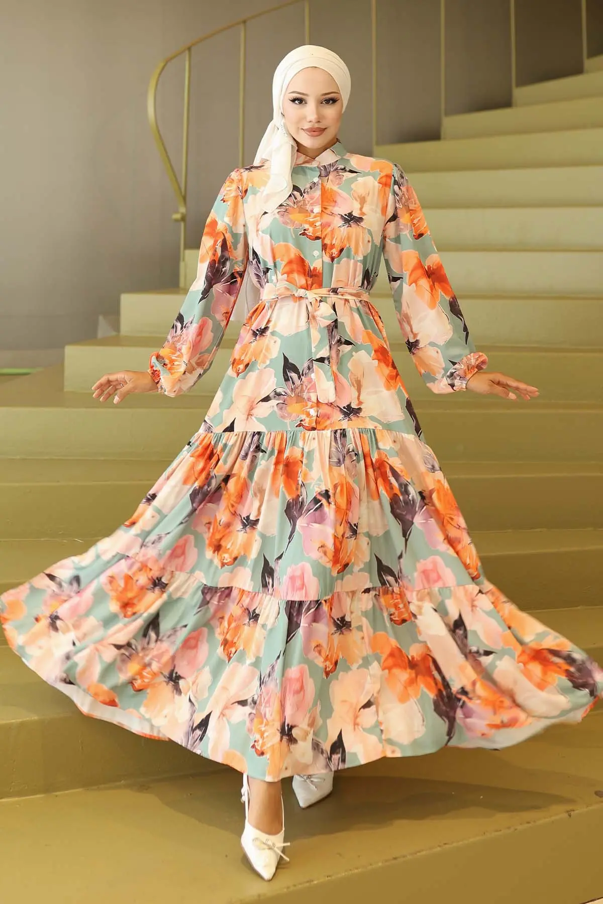 Desenli Tesettür Elbise Oranj 565-detail