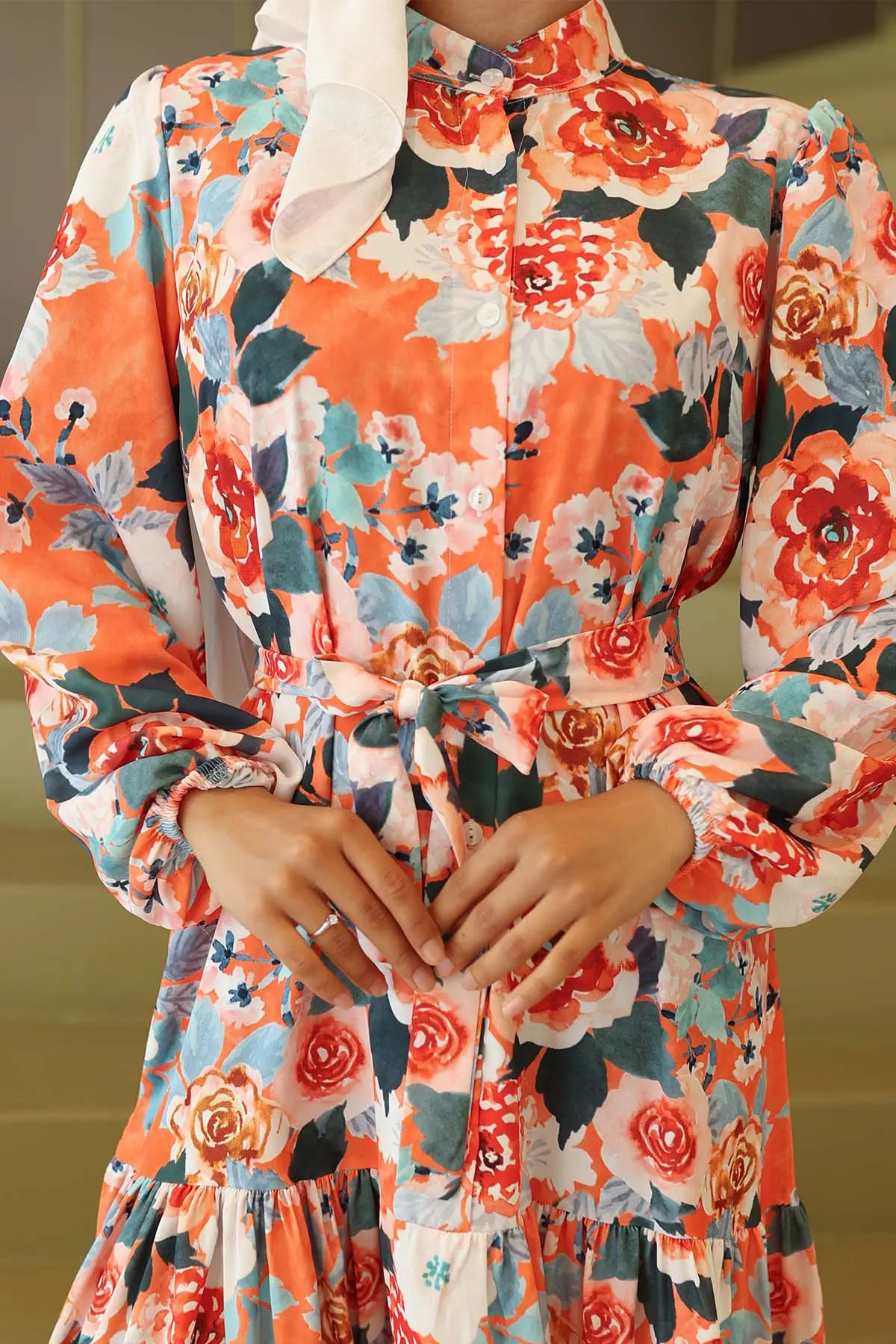 Desenli Tesettür Elbise Oranj 566-detail