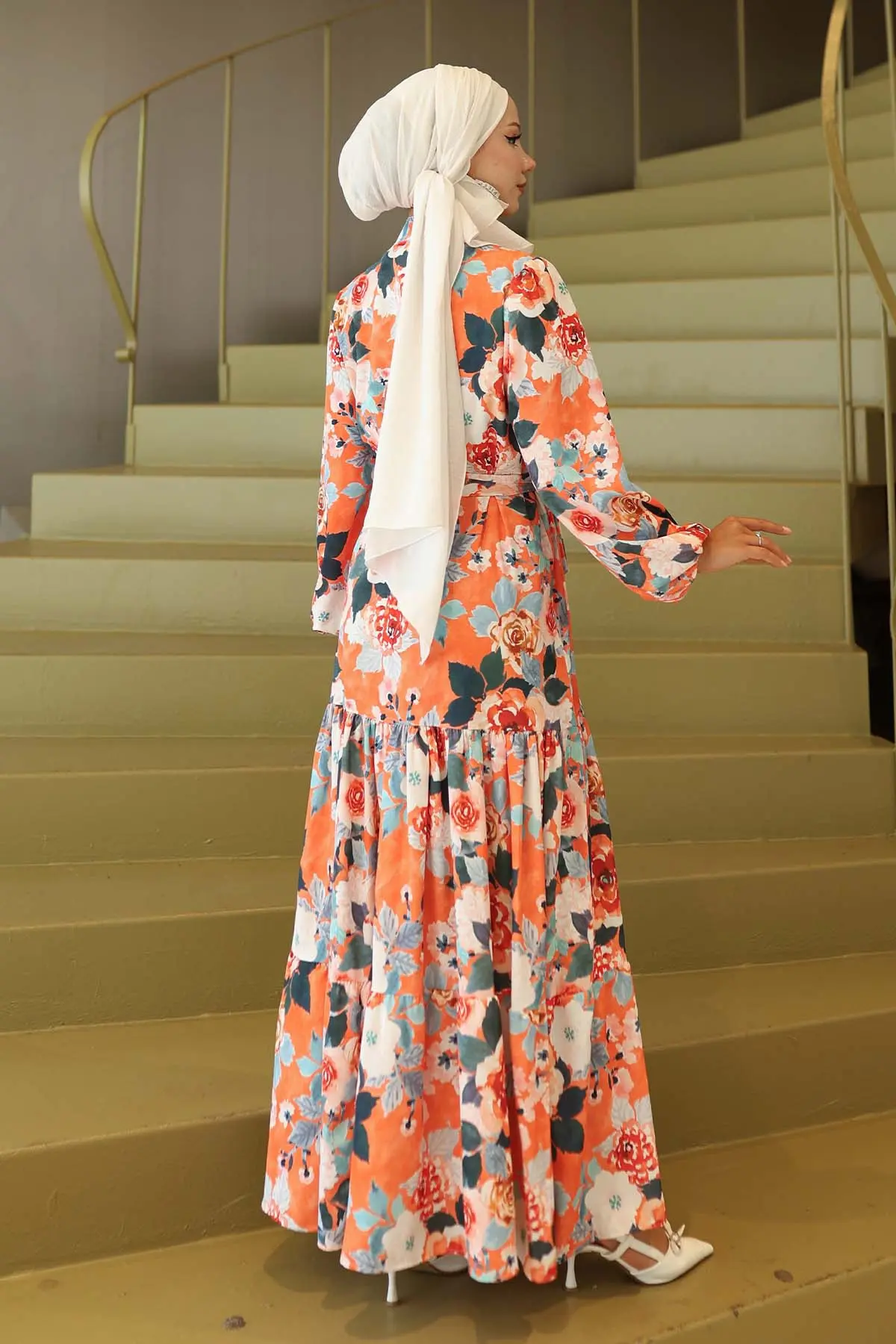 Desenli Tesettür Elbise Oranj 566-detail