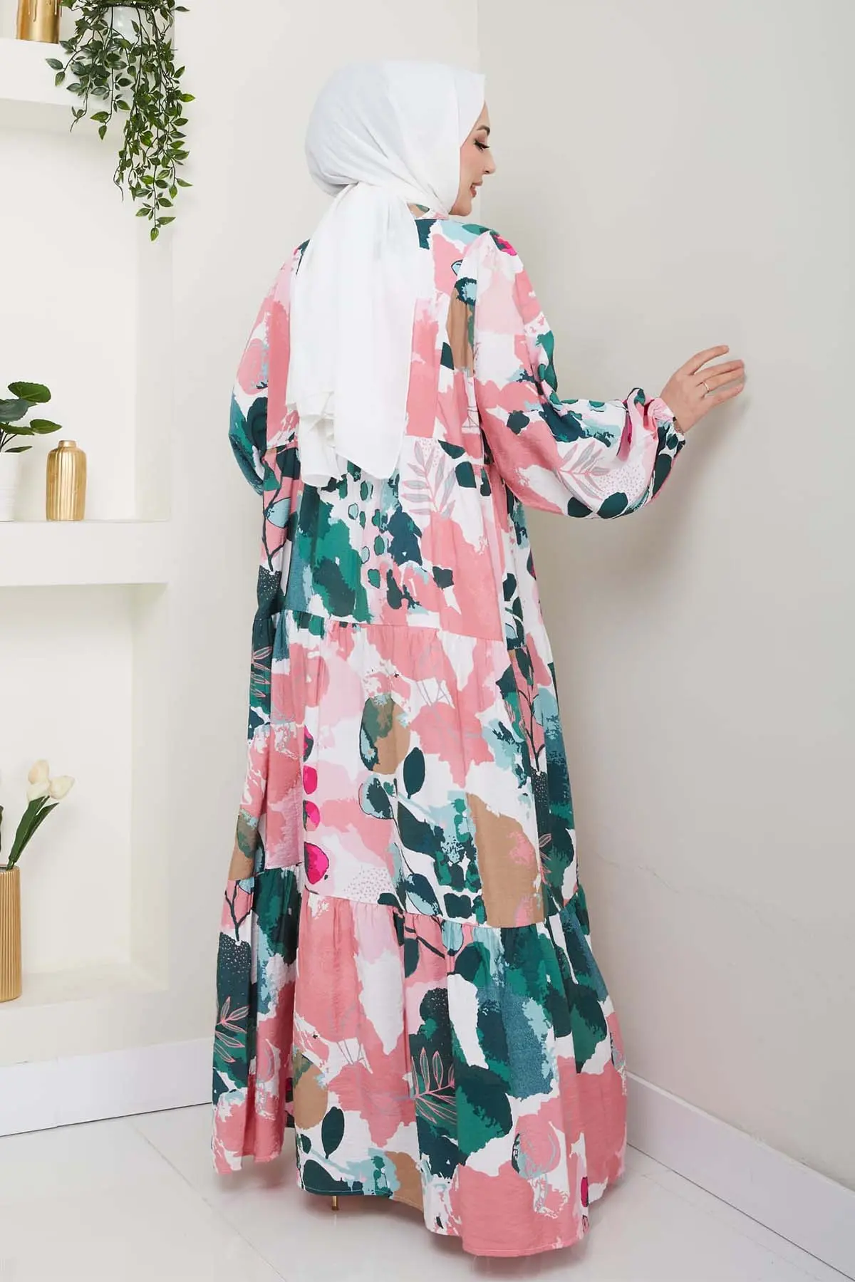 Desenli Tesettür Elbise Pembe 4731-detail