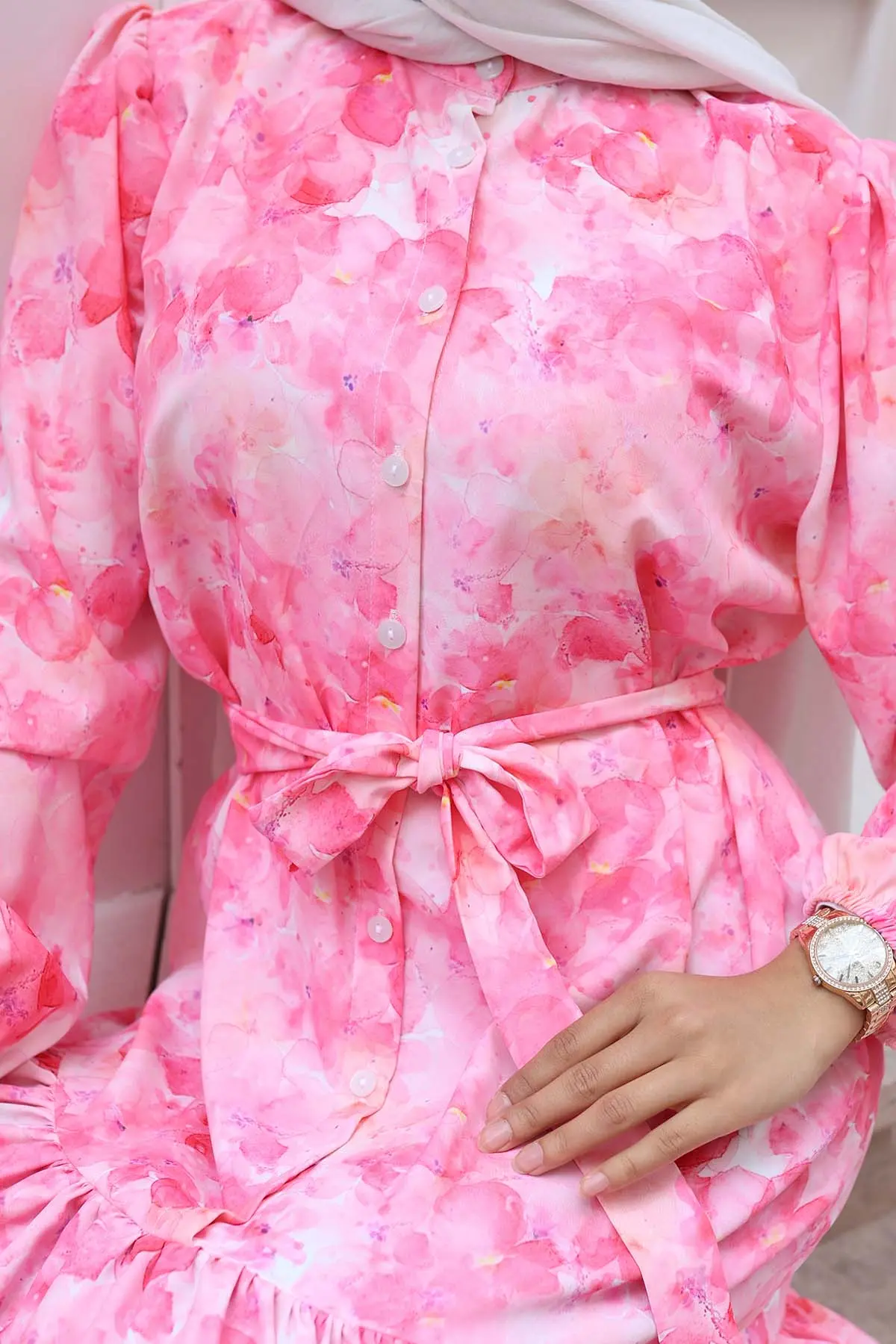 Desenli Tesettür Elbise Pembe 525-detail