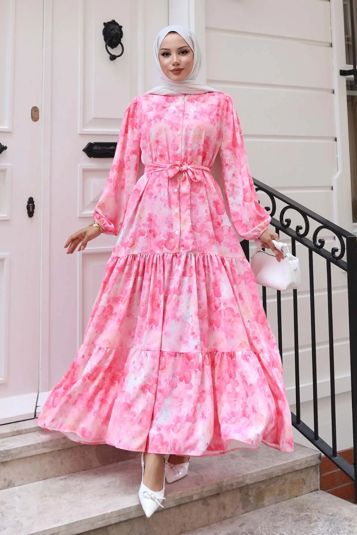 Desenli Tesettür Elbise Pembe 525-detail