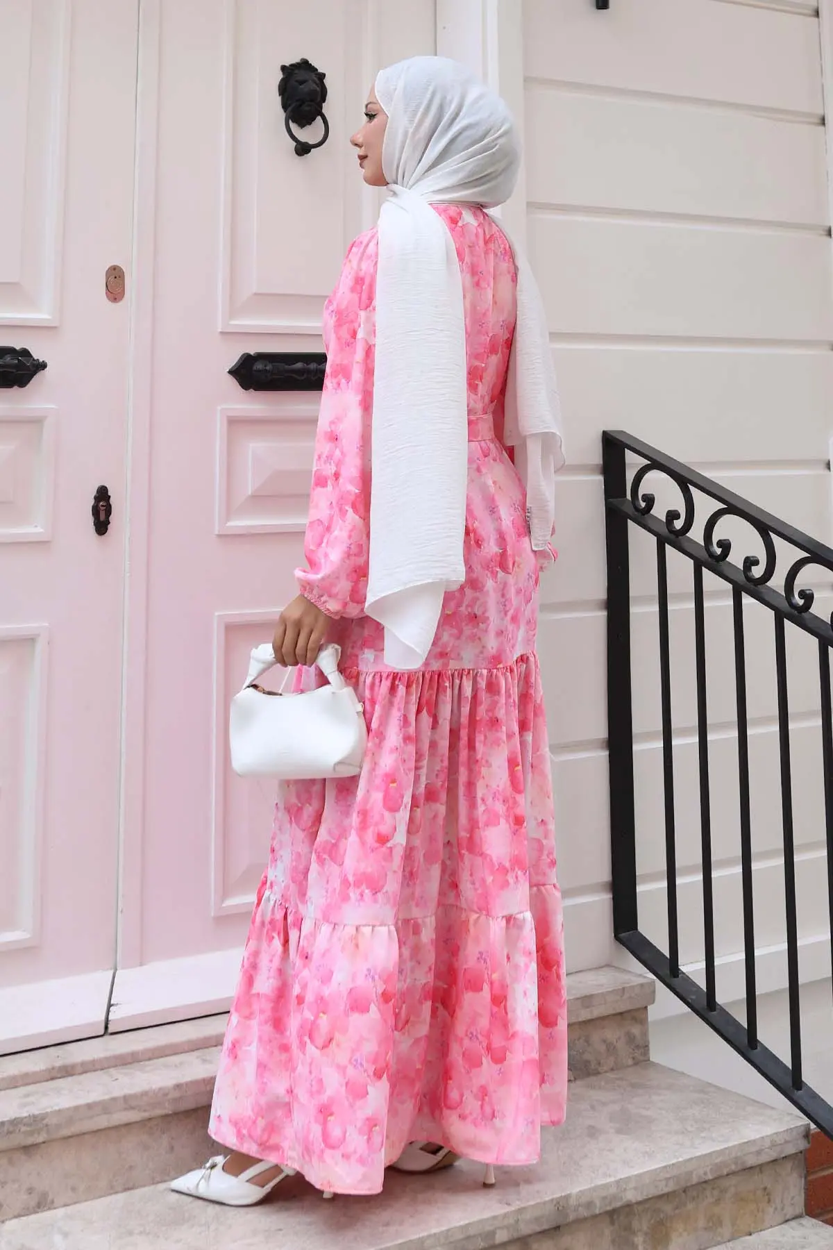 Desenli Tesettür Elbise Pembe 525-detail