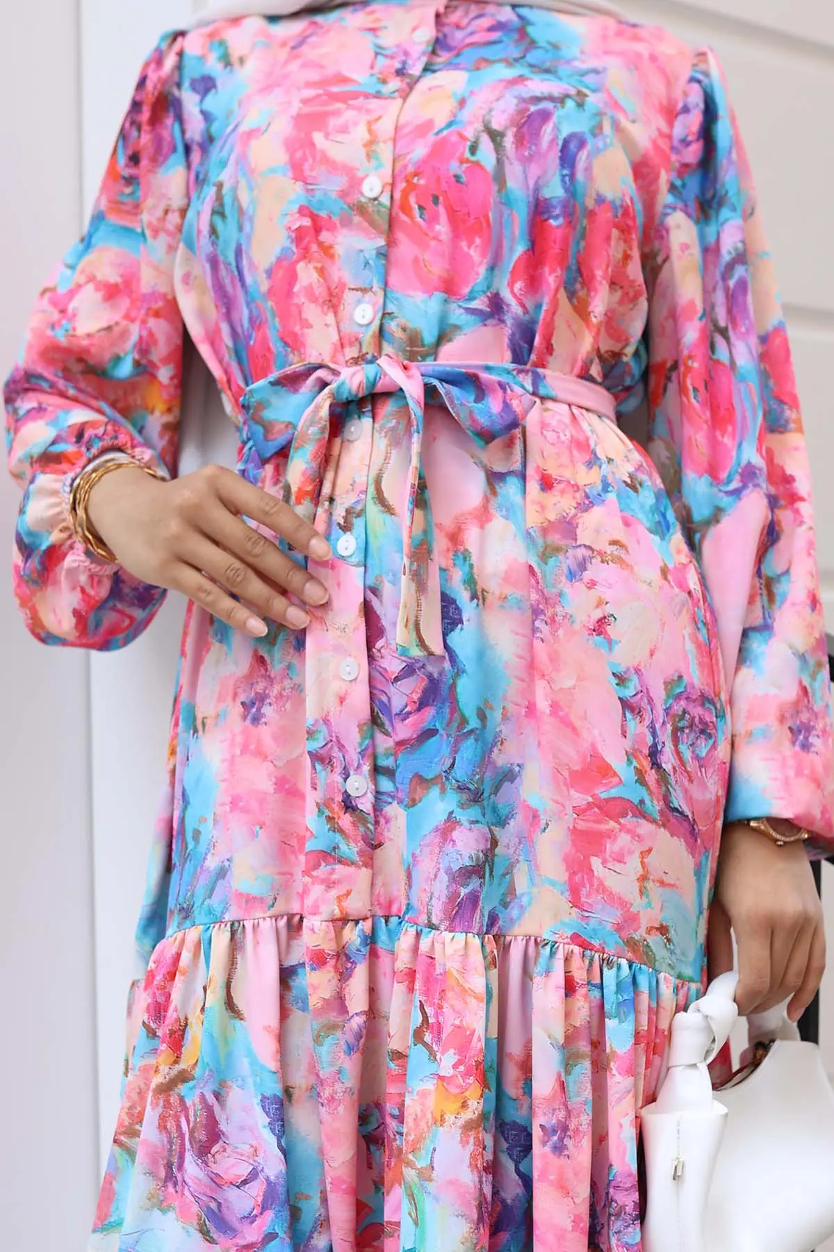 Desenli Tesettür Elbise Pembe 530-detail