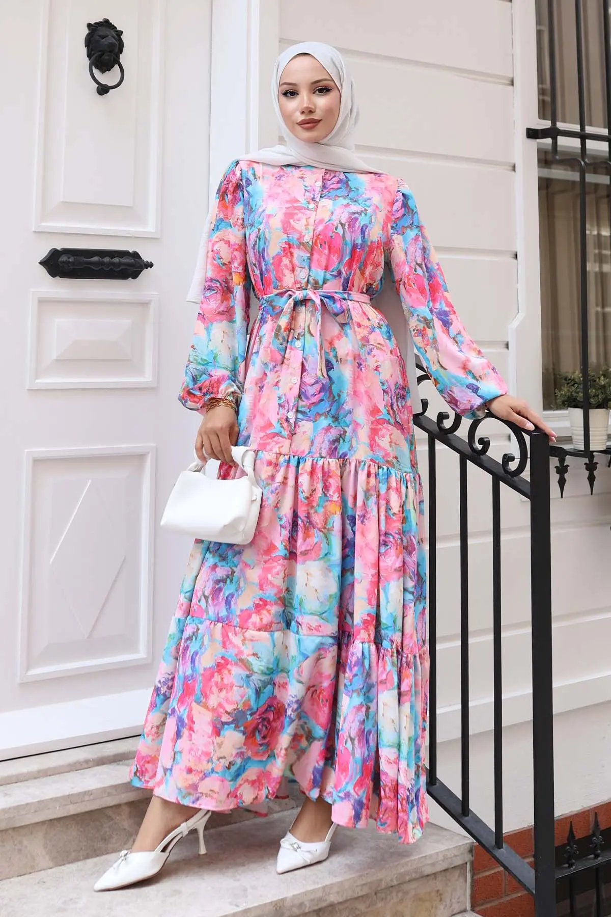 Desenli Tesettür Elbise Pembe 530-detail