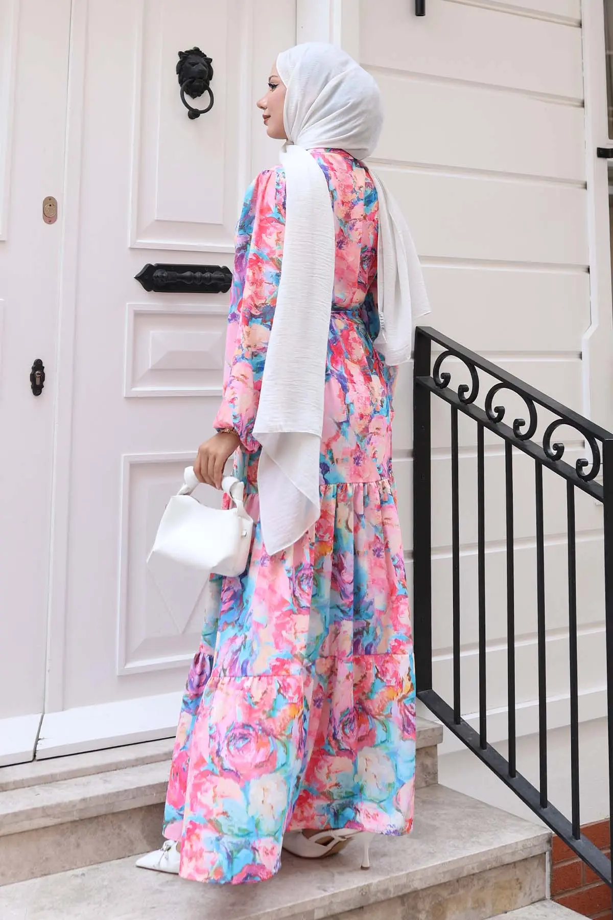 Desenli Tesettür Elbise Pembe 530-detail