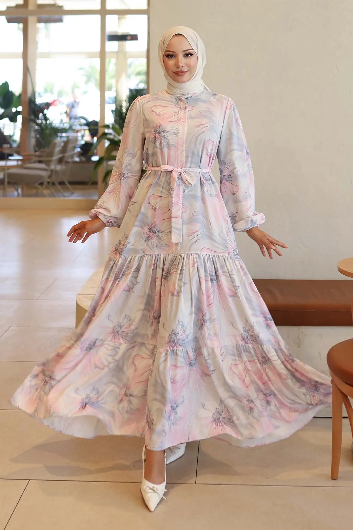 Desenli Tesettür Elbise Pembe 560-detail