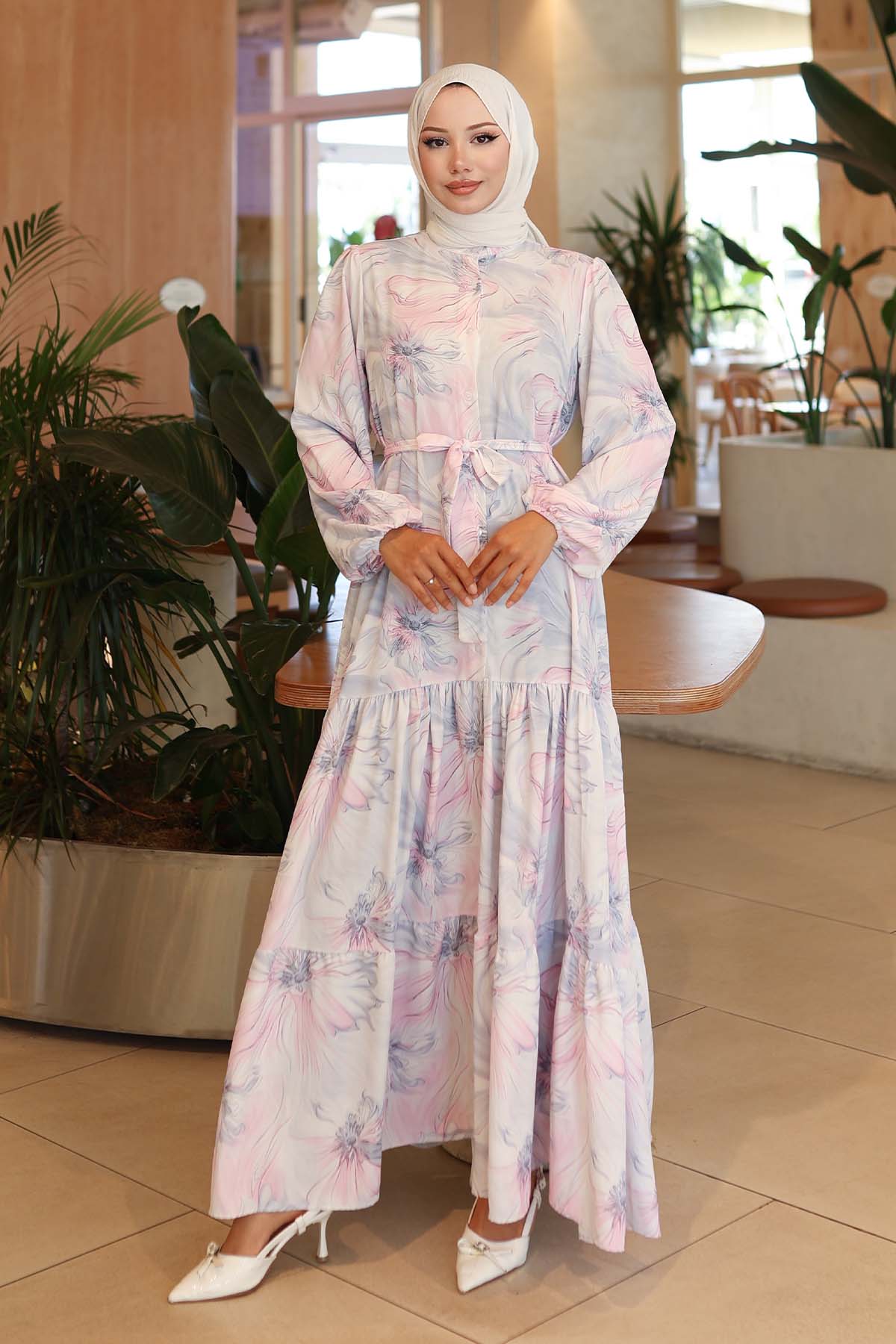 Desenli Tesettür Elbise Pembe 560