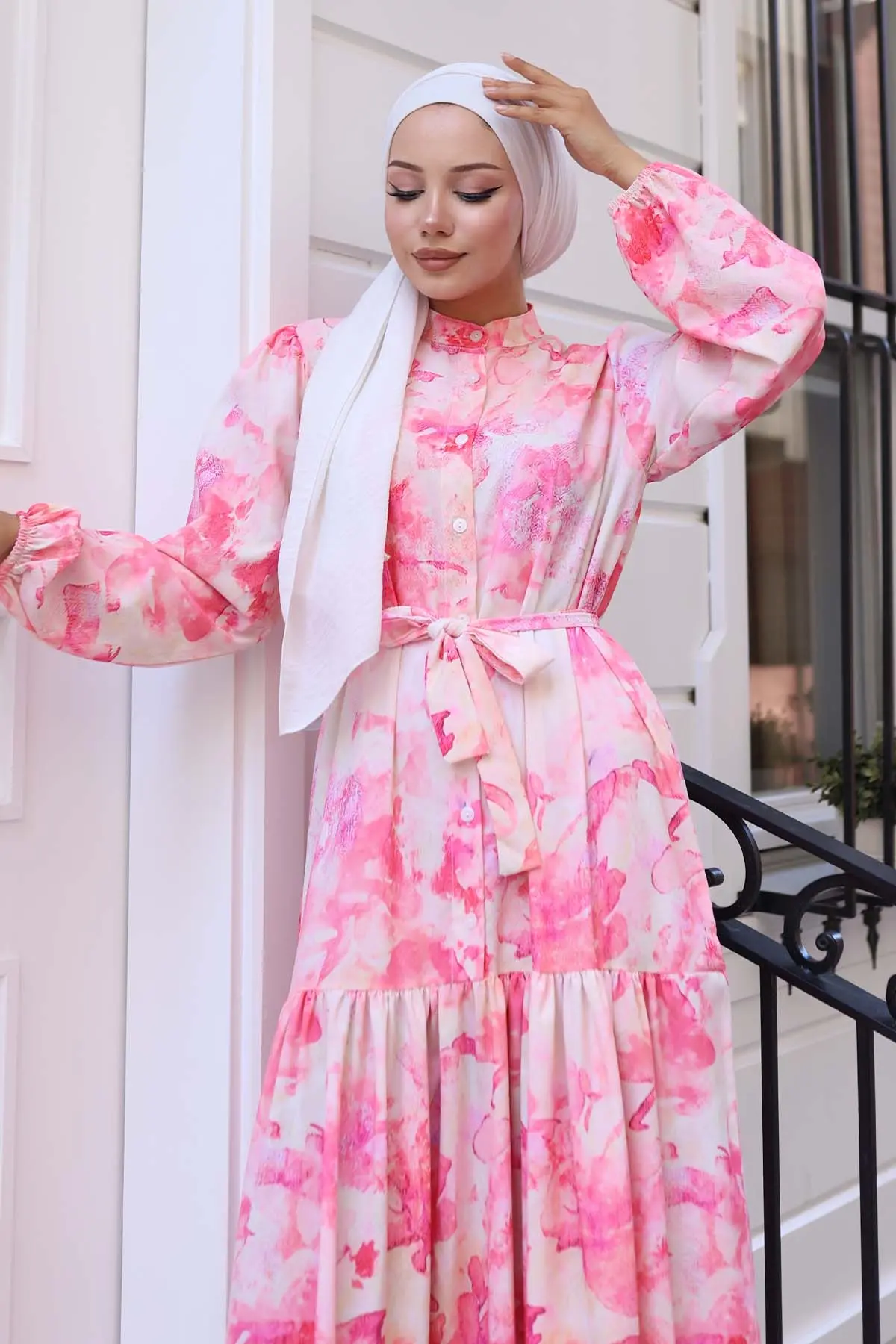 Desenli Tesettür Elbise Pembe 570-detail