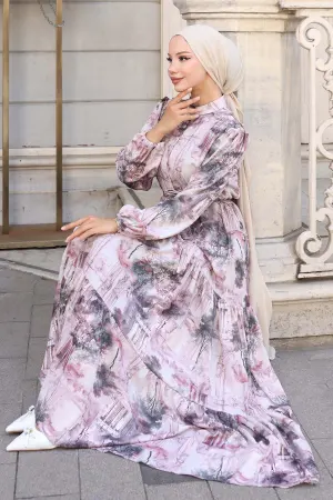Desenli Tesettür Elbise Pudra 510