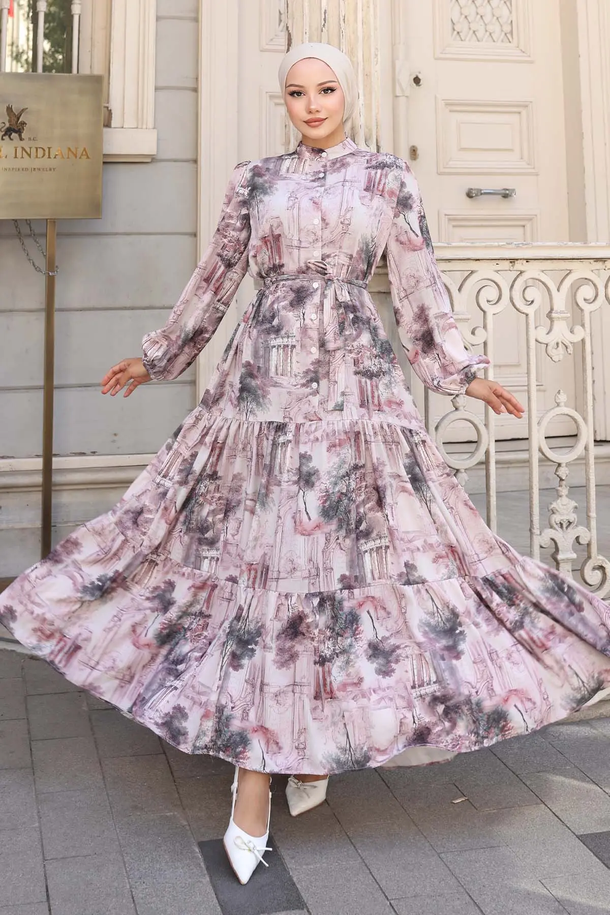 Desenli Tesettür Elbise Pudra 510-detail