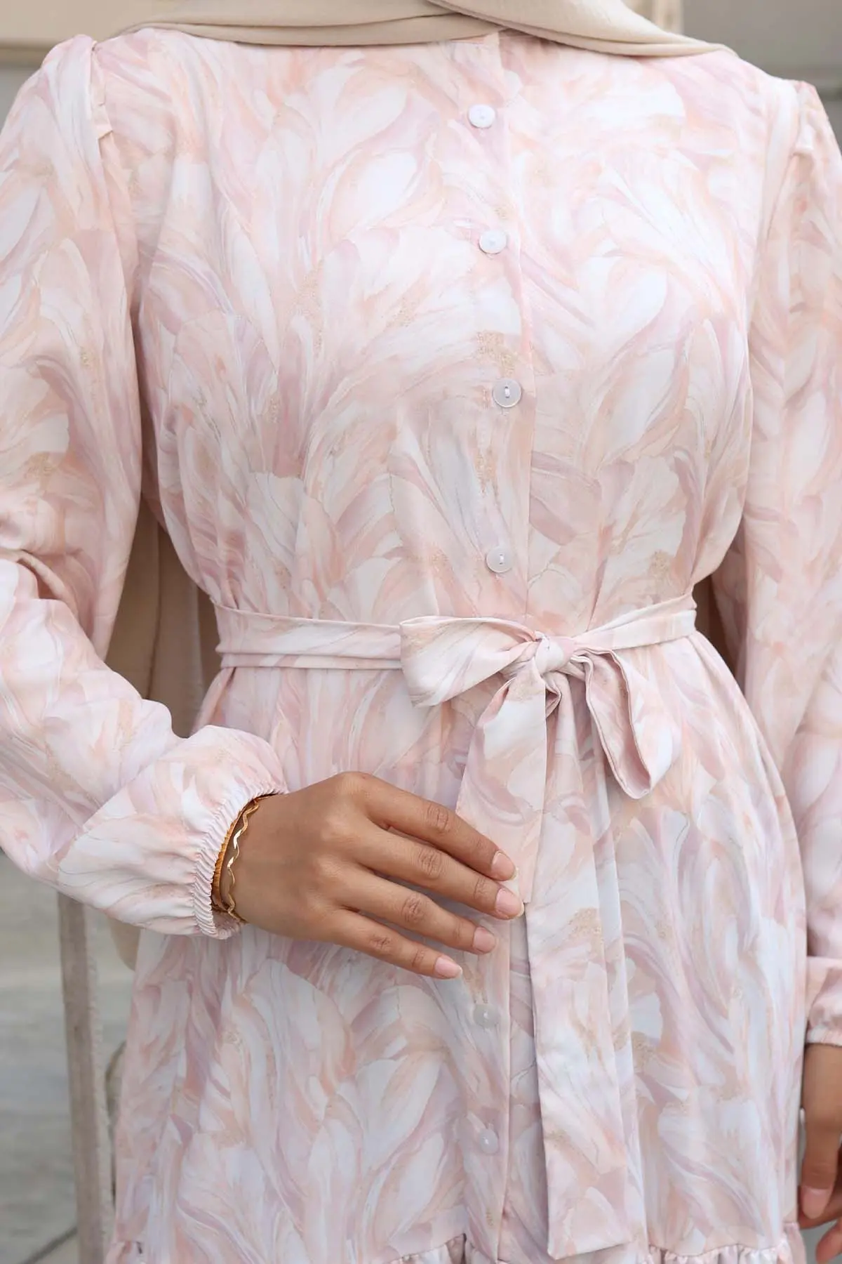 Desenli Tesettür Elbise Pudra 533-detail