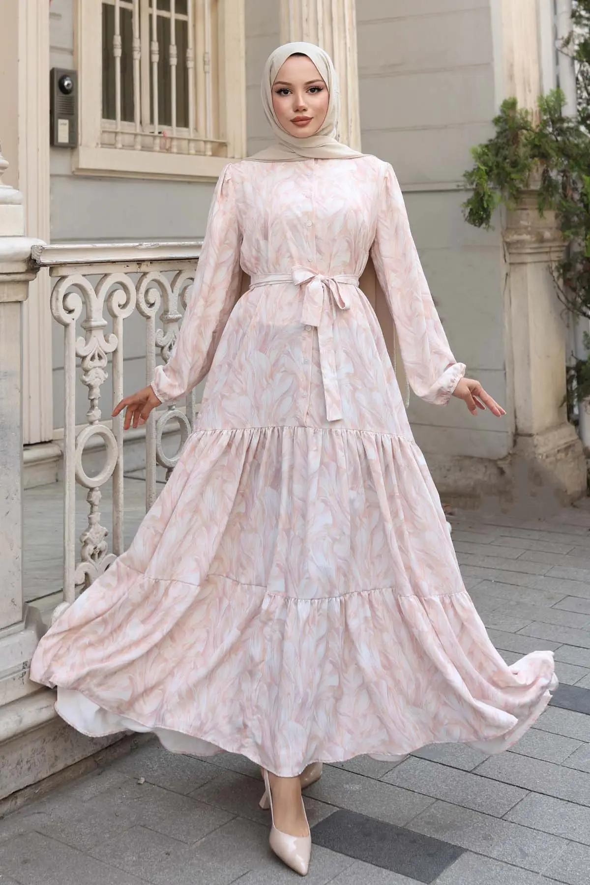 Desenli Tesettür Elbise Pudra 533-detail