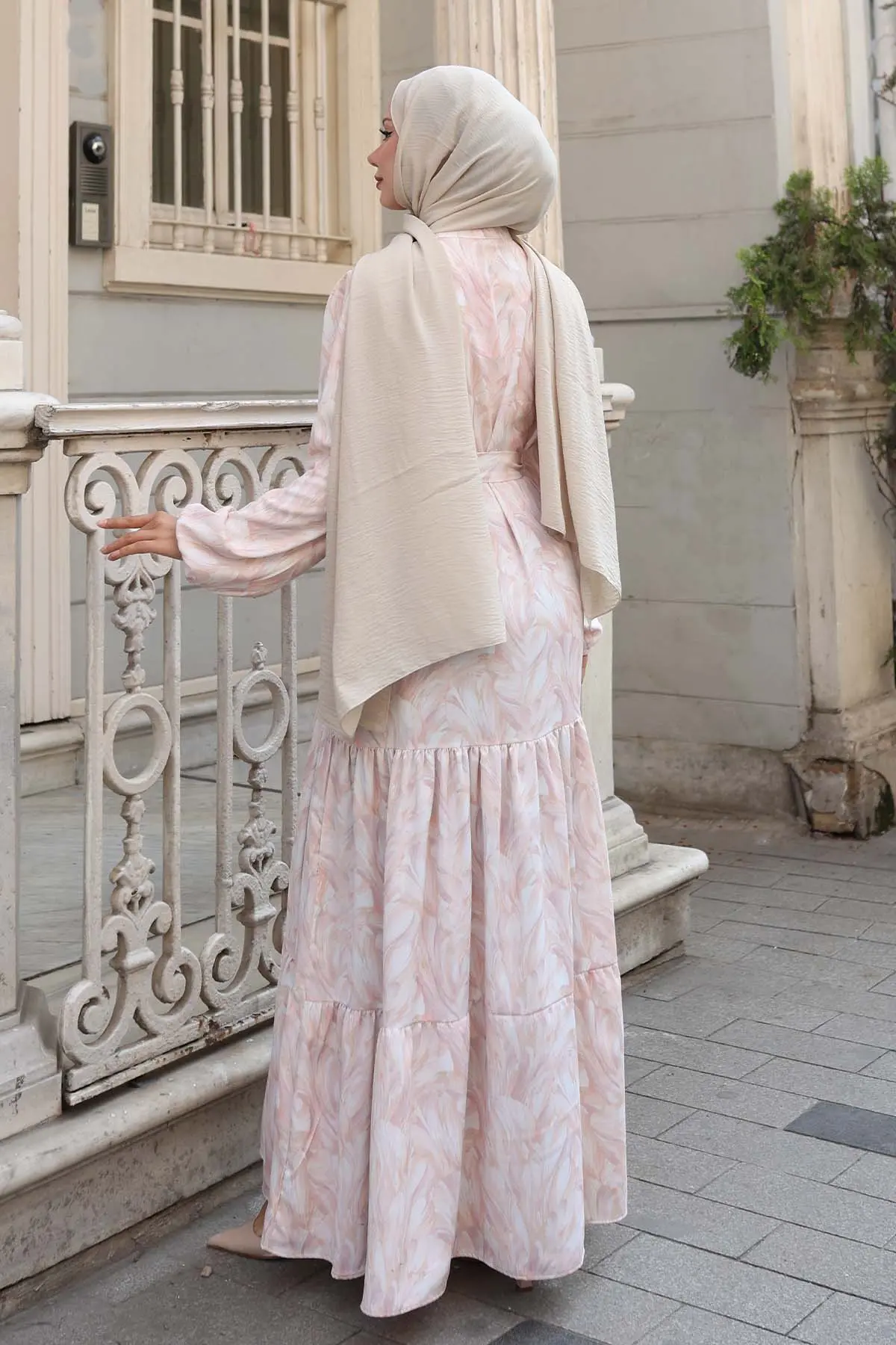 Desenli Tesettür Elbise Pudra 533-detail