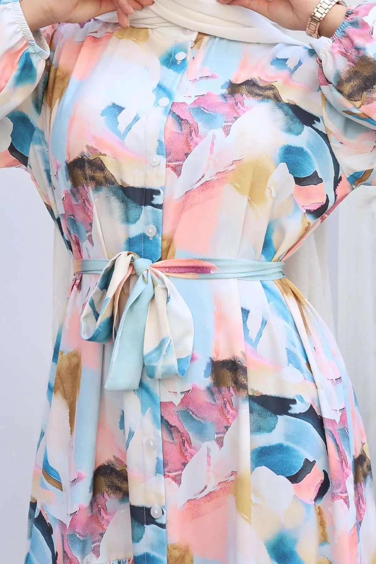 Desenli Tesettür Elbise Pudra 539-detail