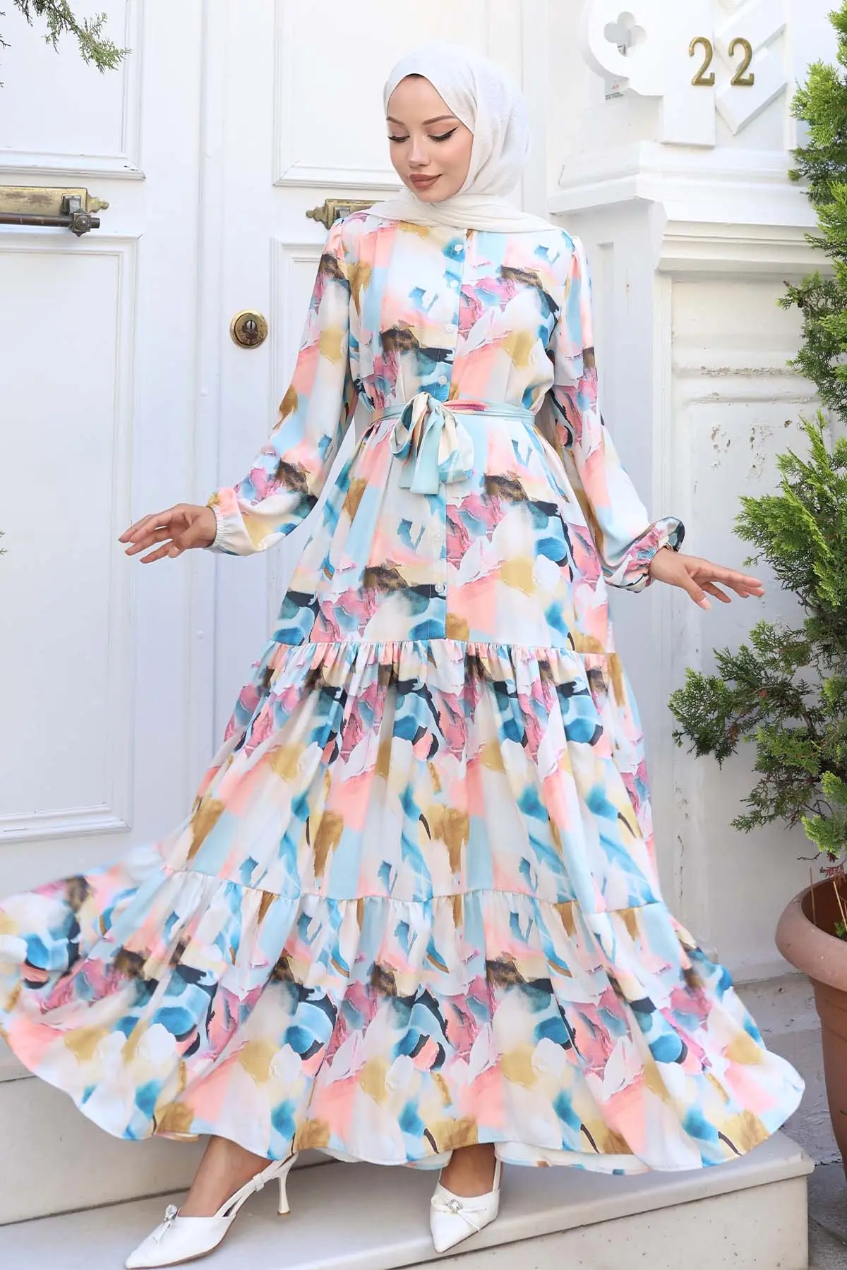 Desenli Tesettür Elbise Pudra 539-detail