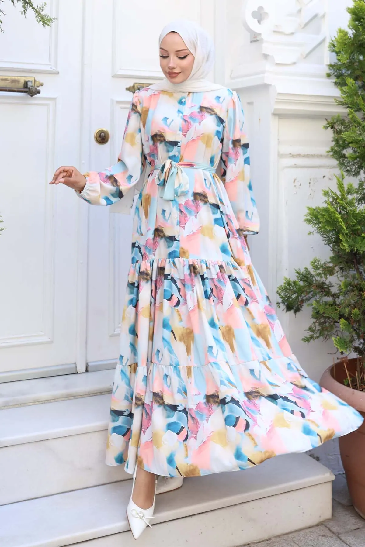 Desenli Tesettür Elbise Pudra 539-detail