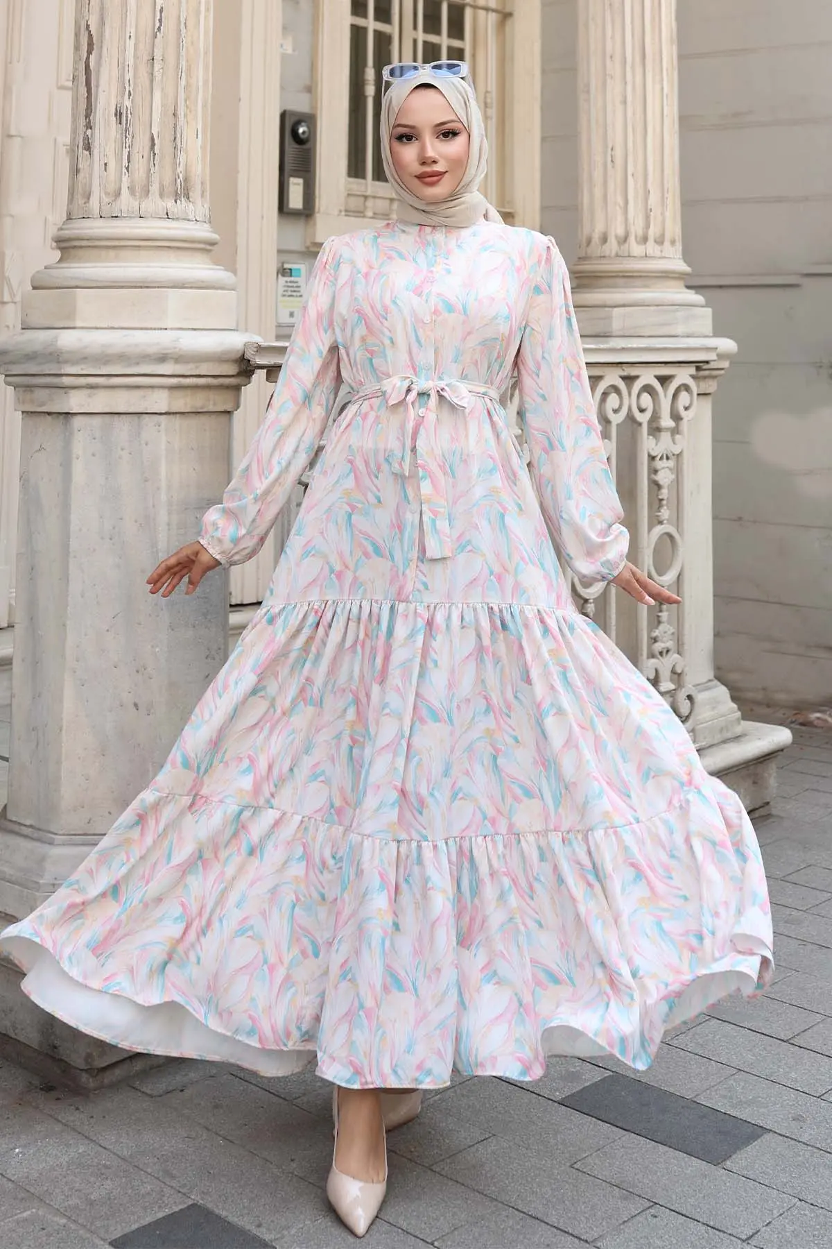 Desenli Tesettür Elbise Pudra 547-detail