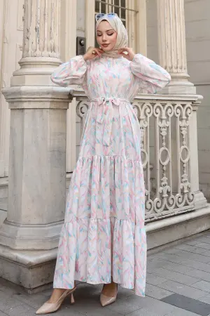 Desenli Tesettür Elbise Pudra 547